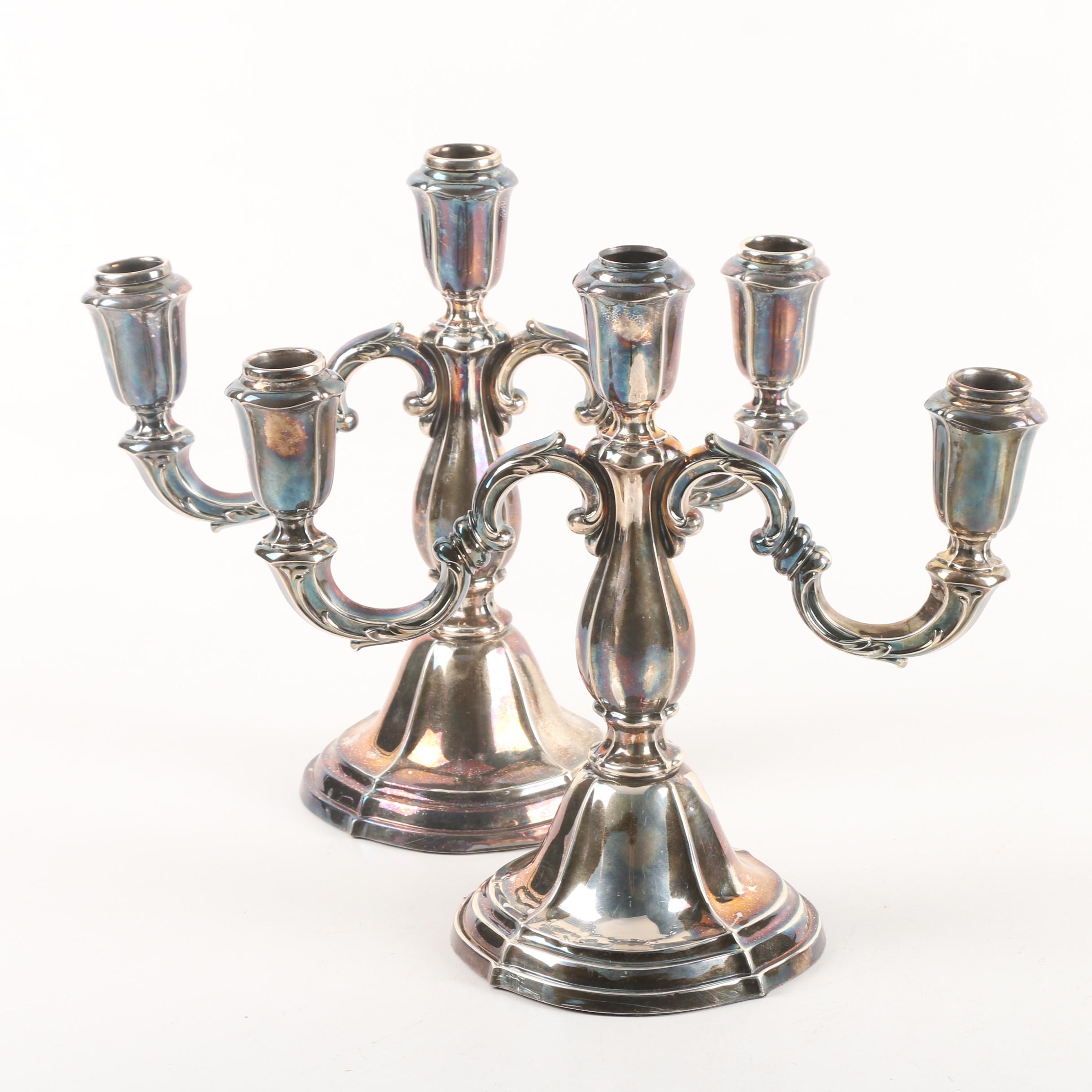 Silver Plate Three-Capital Candelabras with Scrolled Arms