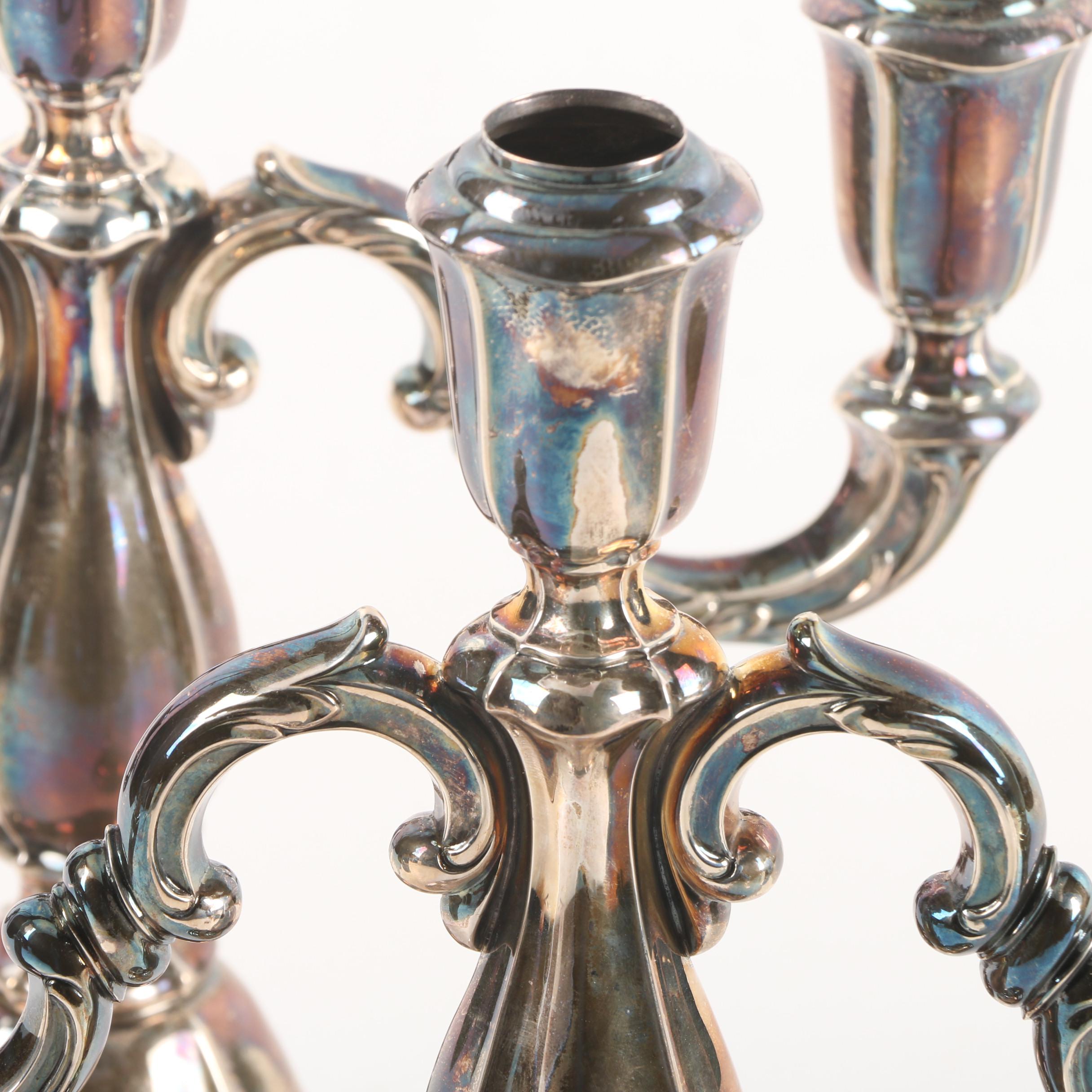 Silver Plate Three-Capital Candelabras with Scrolled Arms