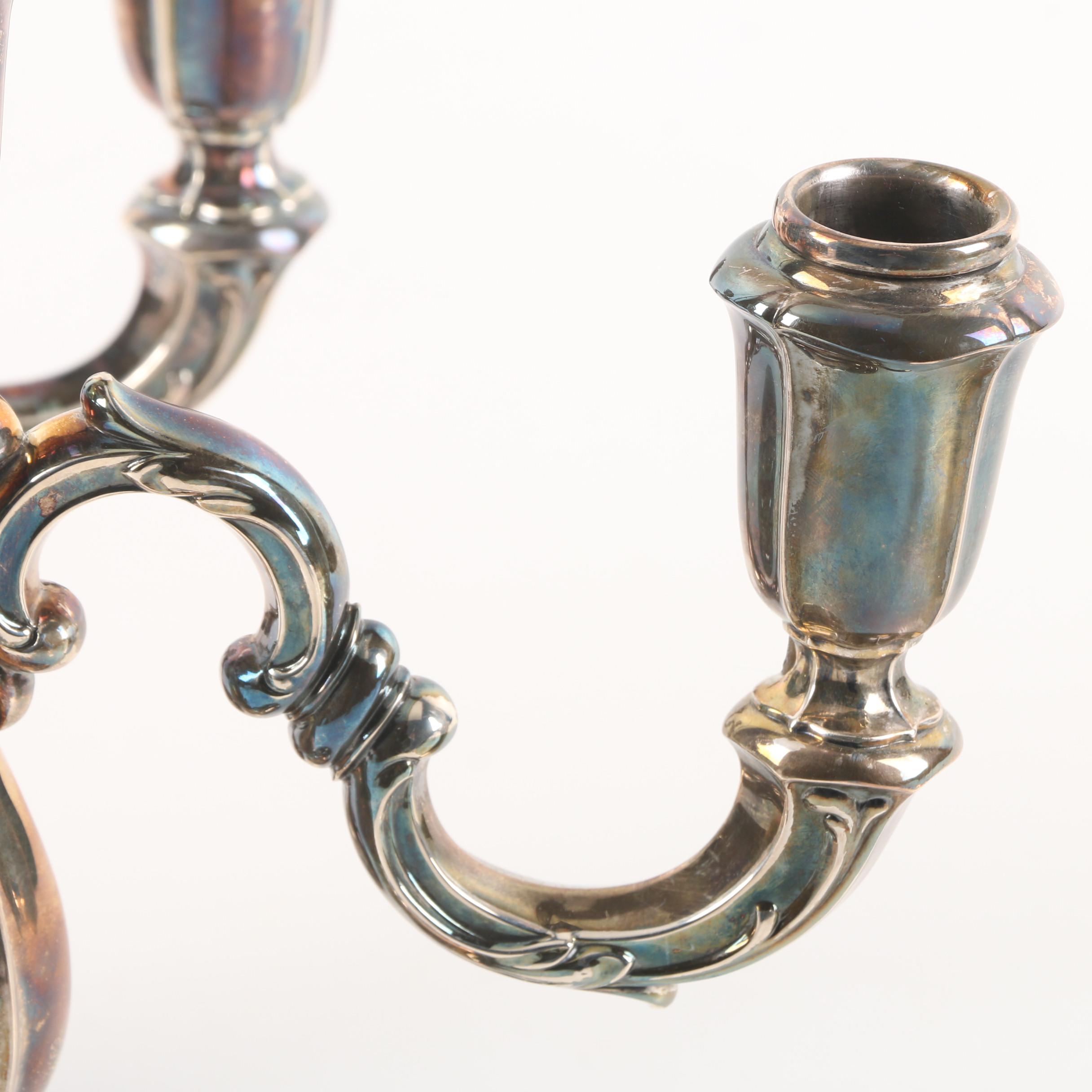 Silver Plate Three-Capital Candelabras with Scrolled Arms