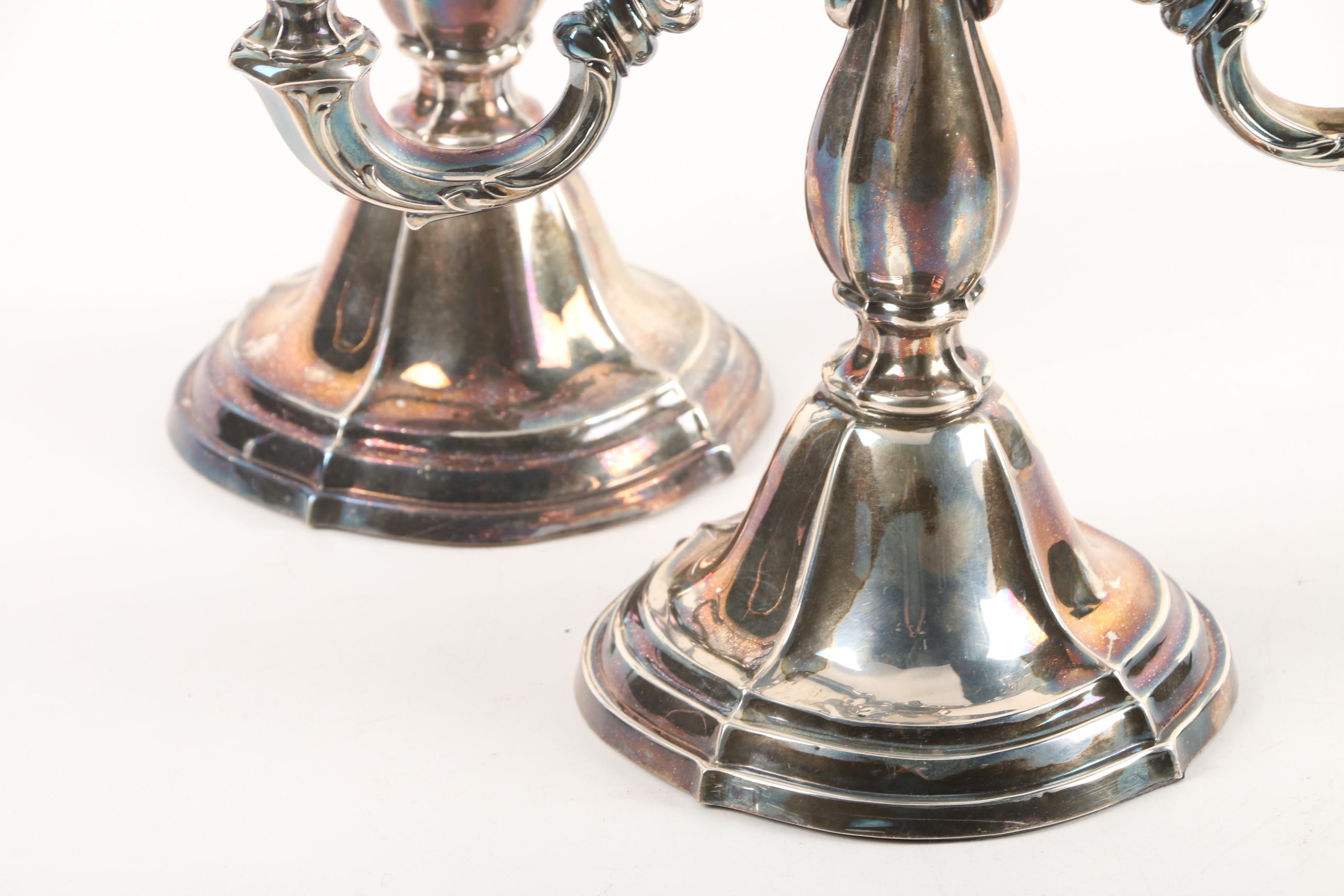 Silver Plate Three-Capital Candelabras with Scrolled Arms