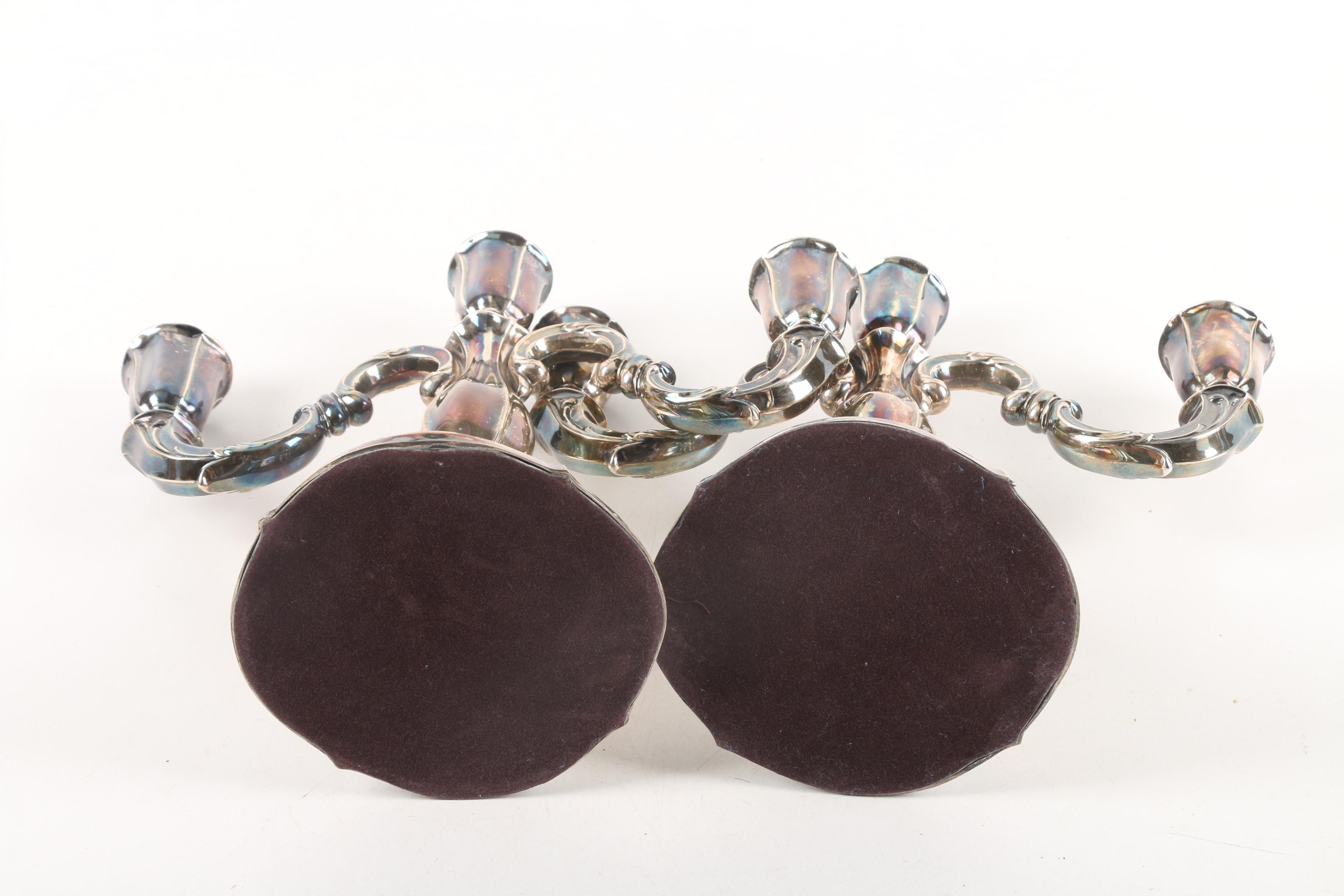 Silver Plate Three-Capital Candelabras with Scrolled Arms