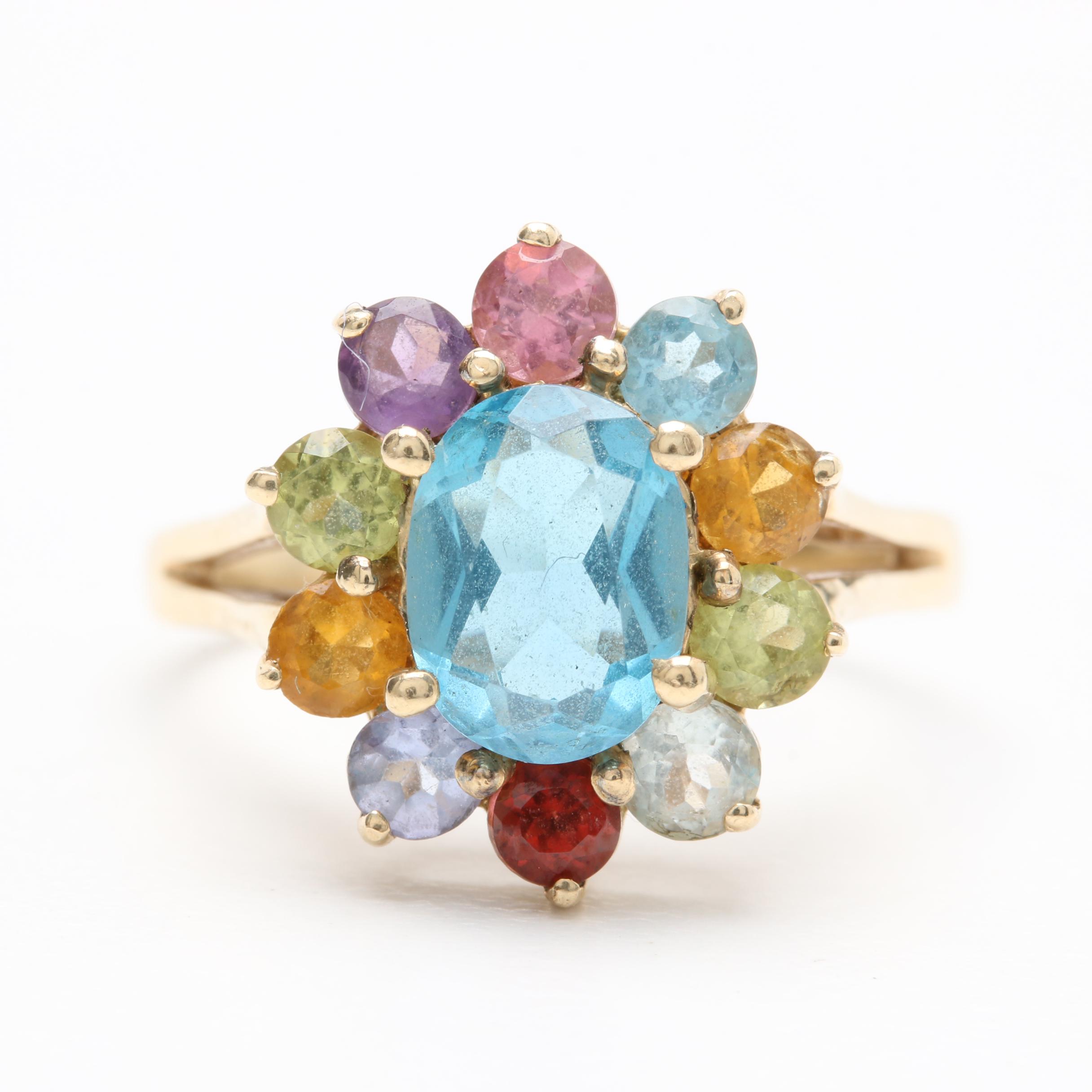 10K Yellow Gold Blue Topaz Ring with Multi-Gemstone Accents