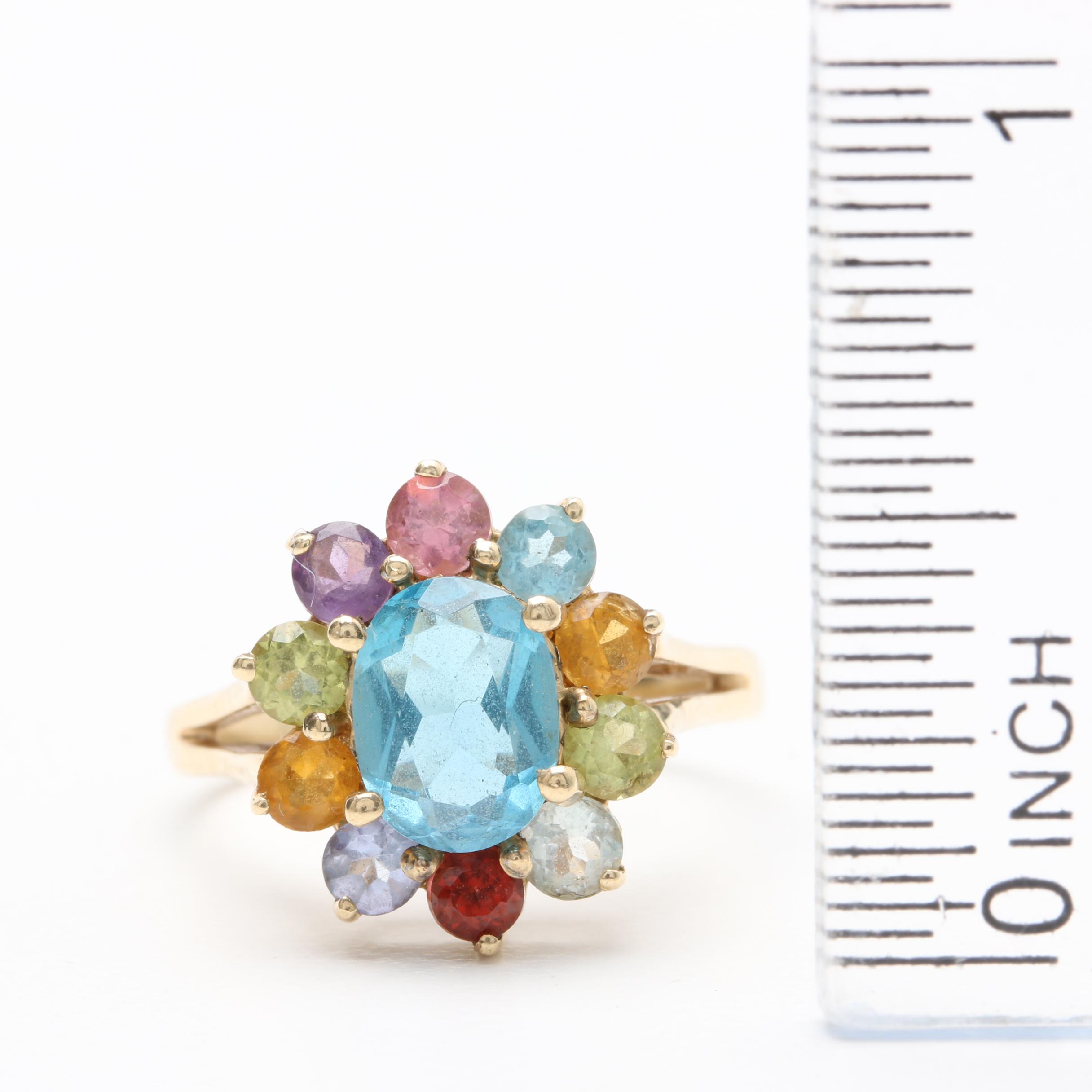 10K Yellow Gold Blue Topaz Ring with Multi-Gemstone Accents