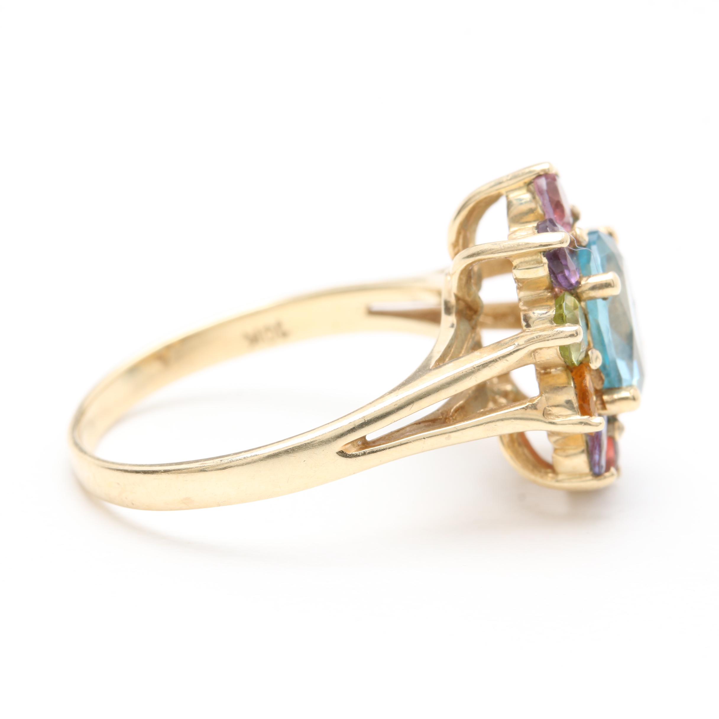 10K Yellow Gold Blue Topaz Ring with Multi-Gemstone Accents