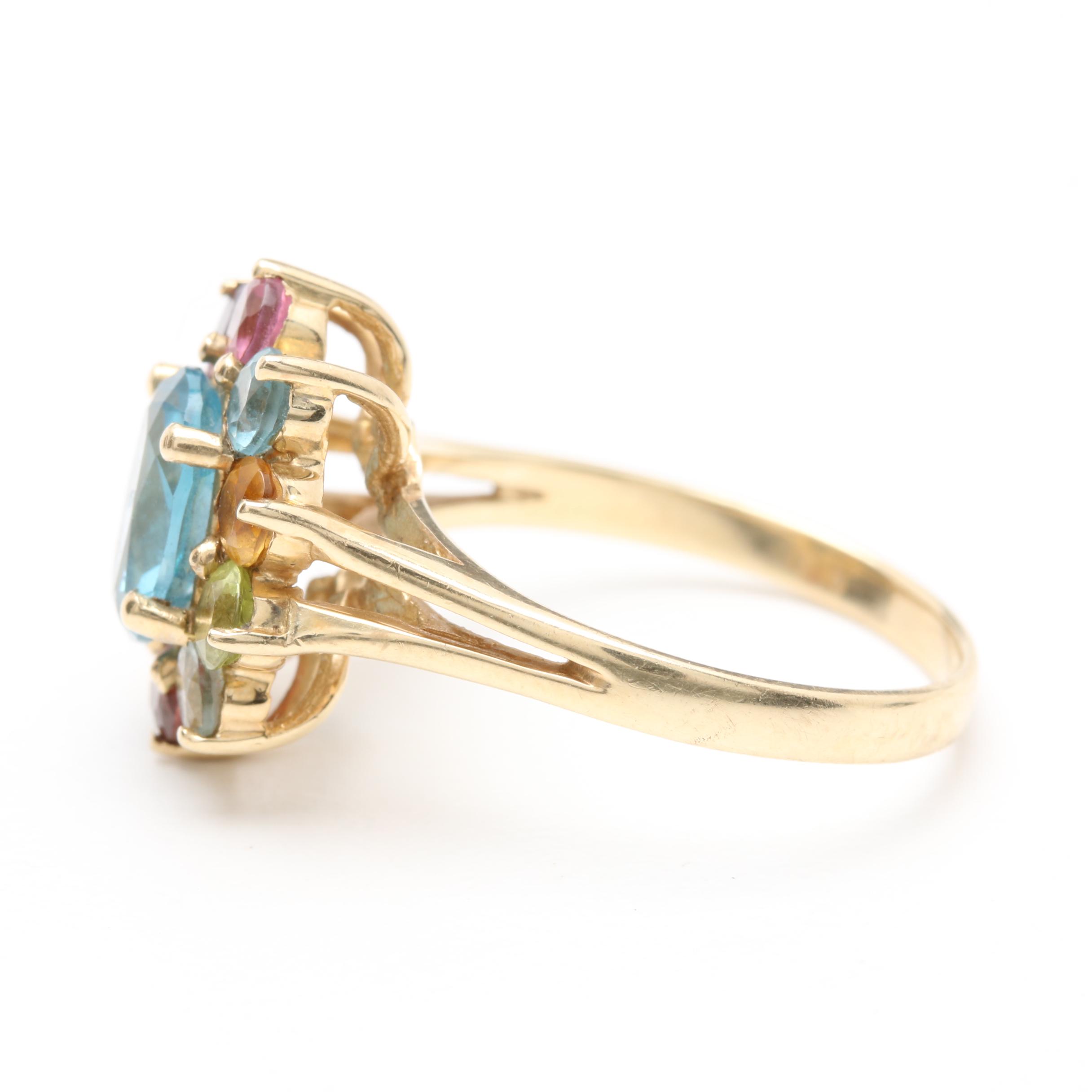 10K Yellow Gold Blue Topaz Ring with Multi-Gemstone Accents