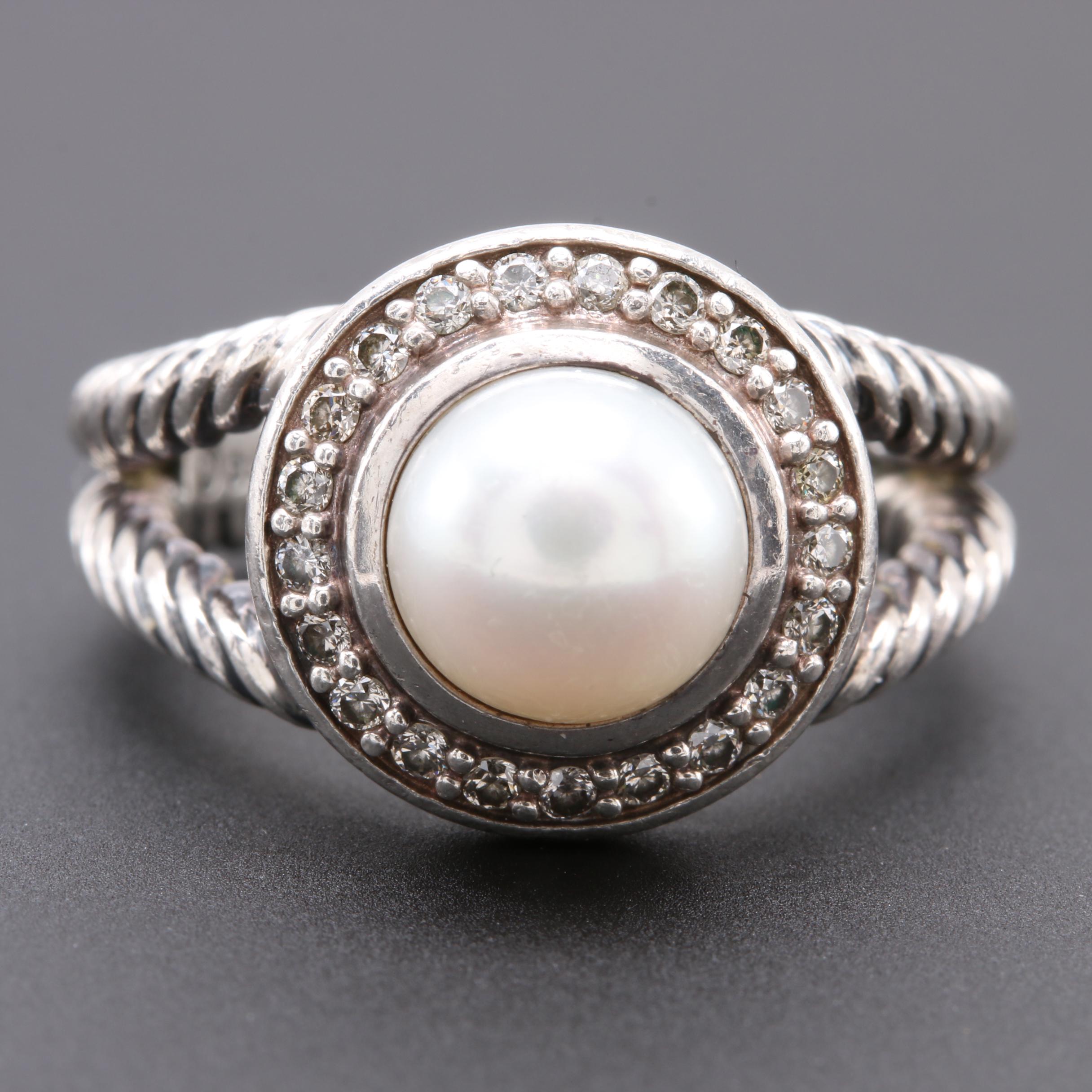 David Yurman Sterling Silver Cultured Pearl and Diamond Ring