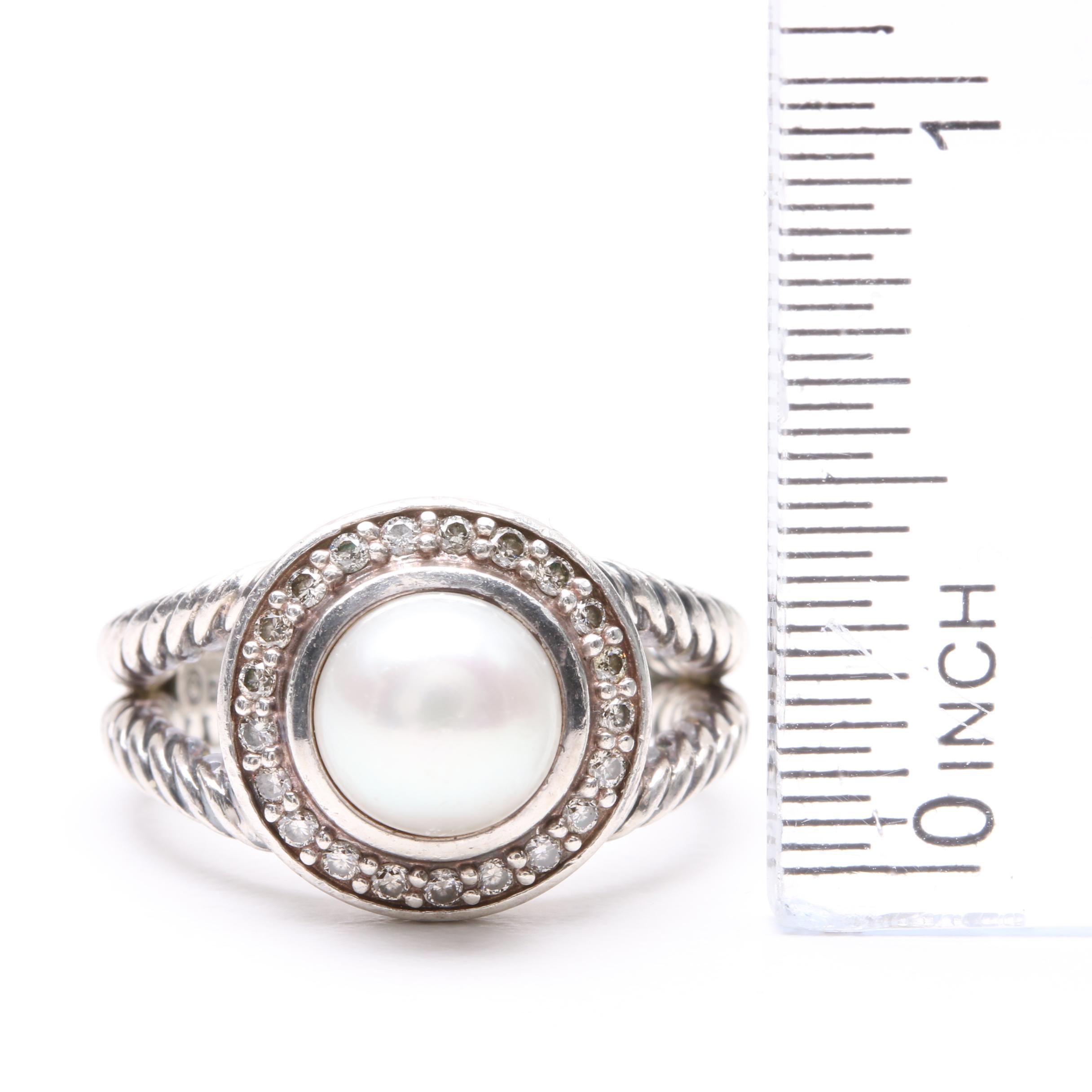 David Yurman Sterling Silver Cultured Pearl and Diamond Ring