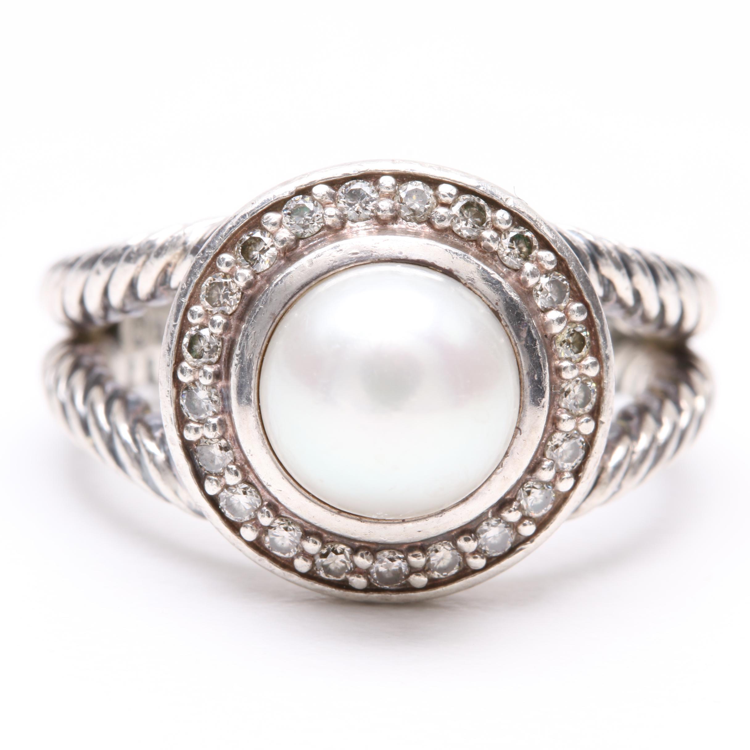 David Yurman Sterling Silver Cultured Pearl and Diamond Ring