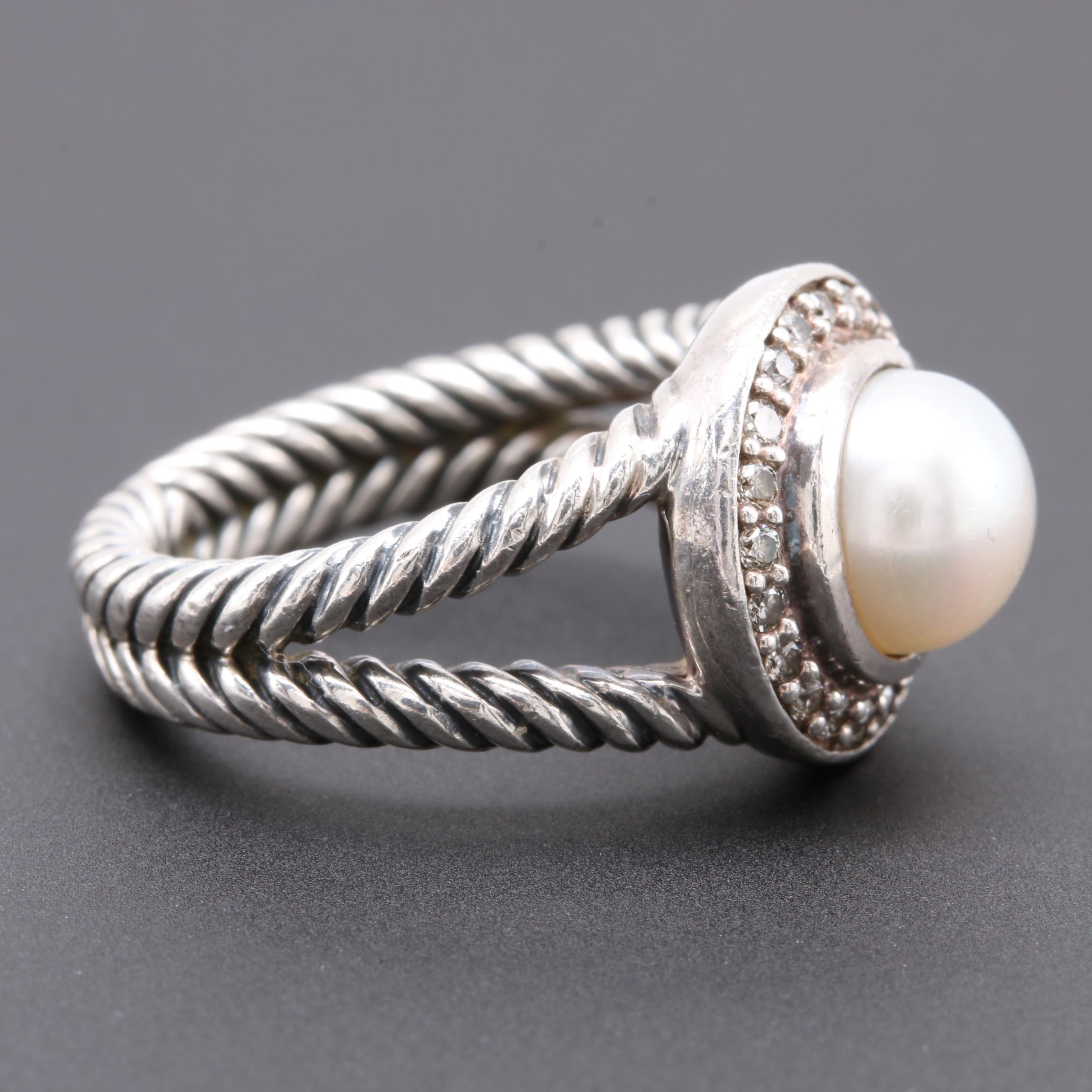 David Yurman Sterling Silver Cultured Pearl and Diamond Ring