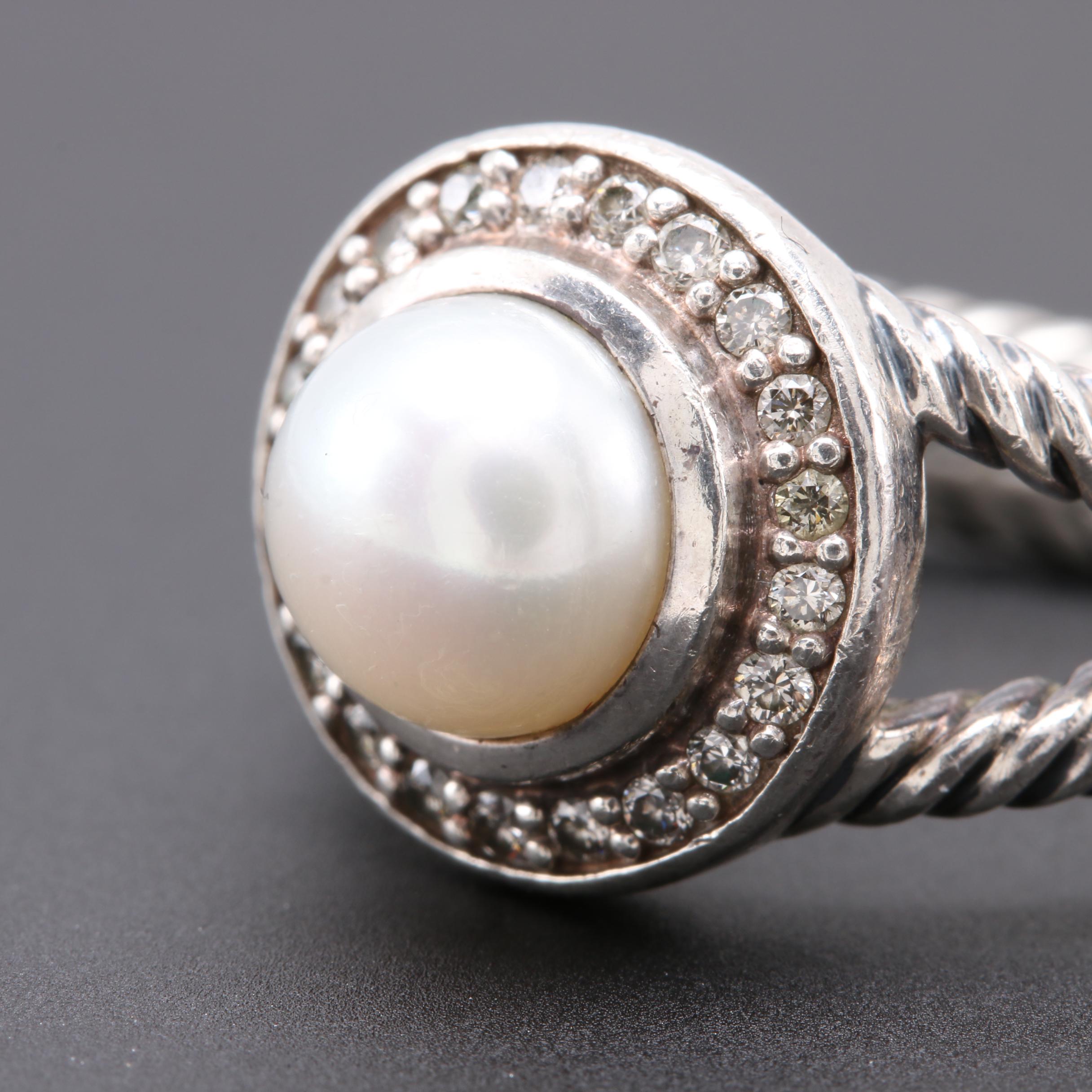 David Yurman Sterling Silver Cultured Pearl and Diamond Ring