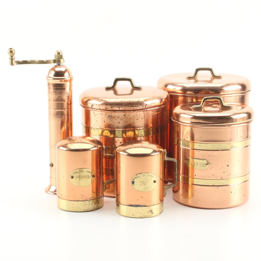 Copper and Brass Canisters Including a Pepper Mill and Salt and Pepper Shakers