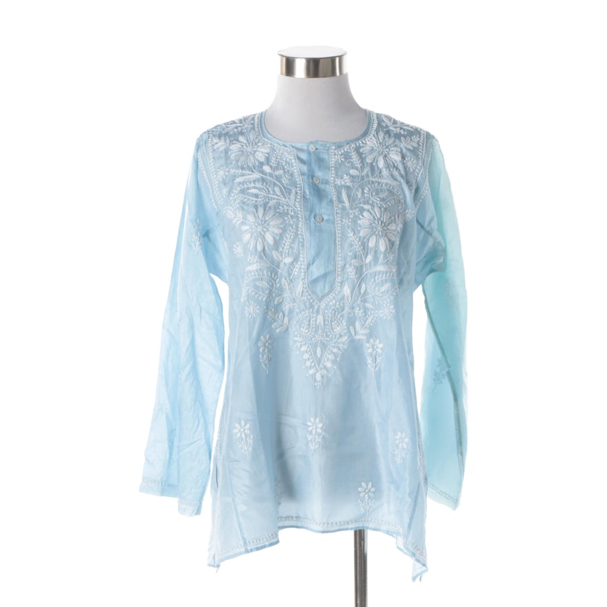 Women's L'Habilleur Embroidered Light Blue Silk Blouse