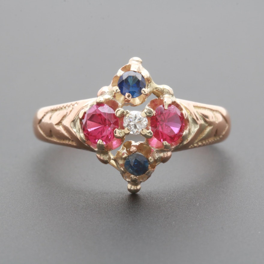 Victorian 10K Yellow Gold Synthetic Ruby, Synthetic Sapphire and Diamond Ring