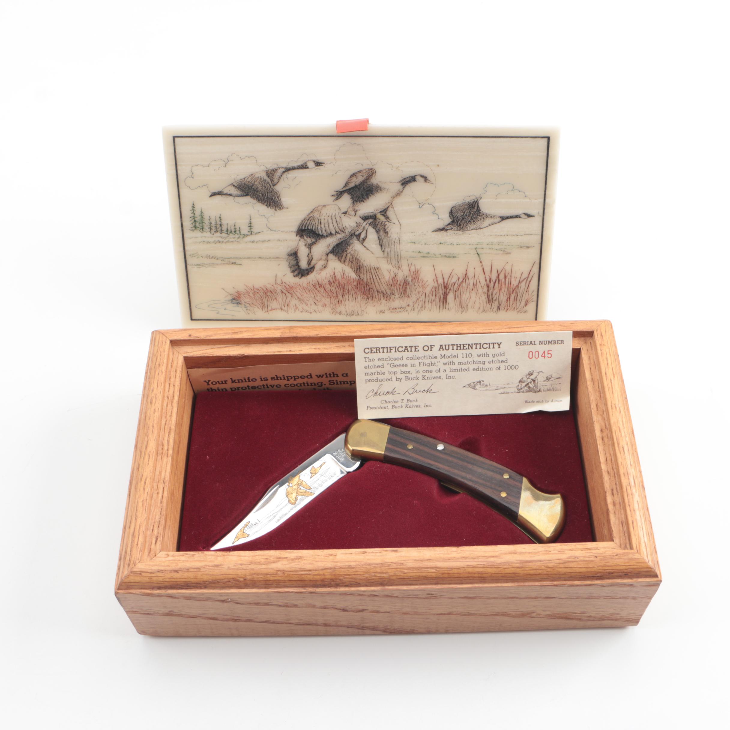 Limited Edition Buck Knife Model 110 in Wood Box With Etched Marble Top