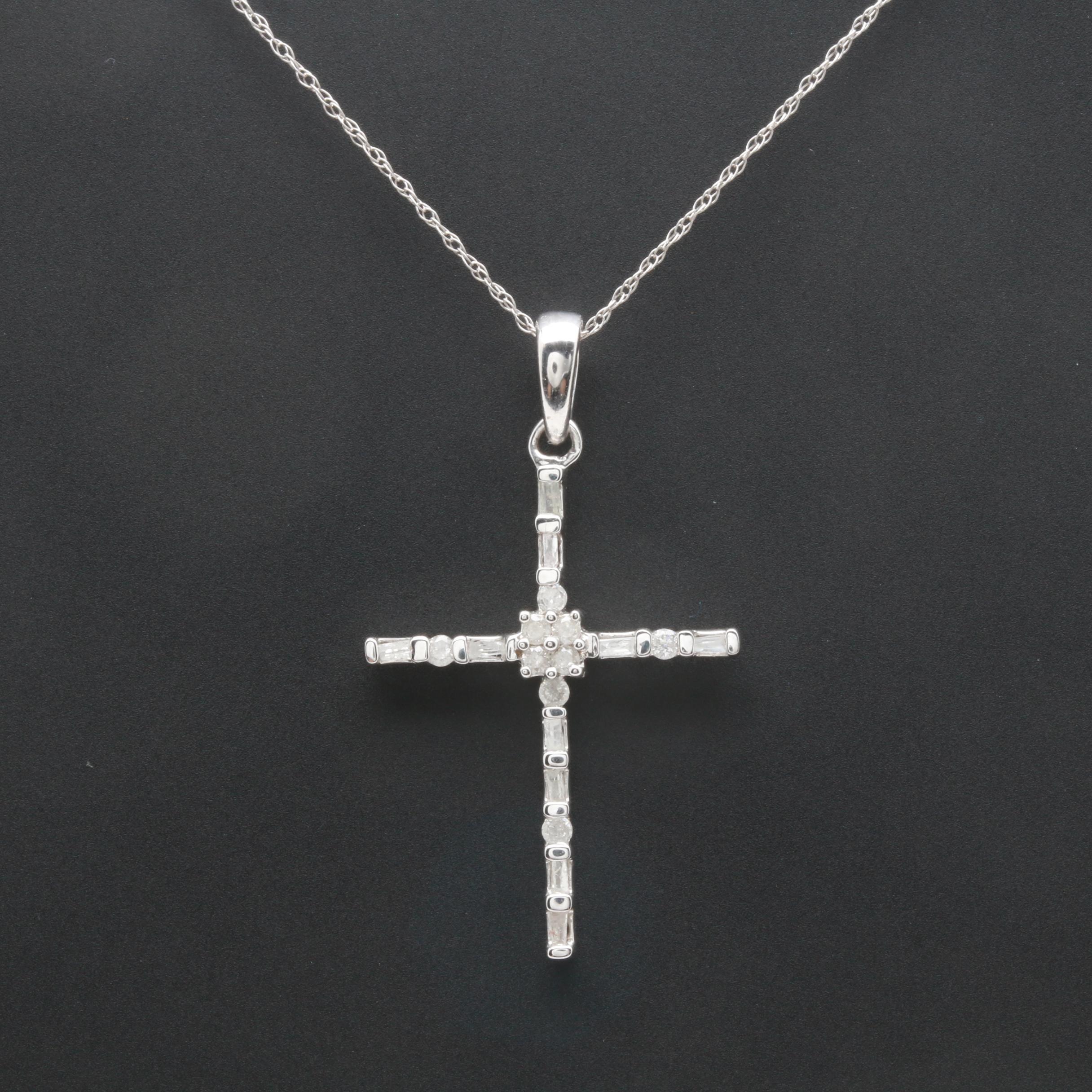 10K White Gold Diamond Cross Pendant on 14K Gold Chain Necklace