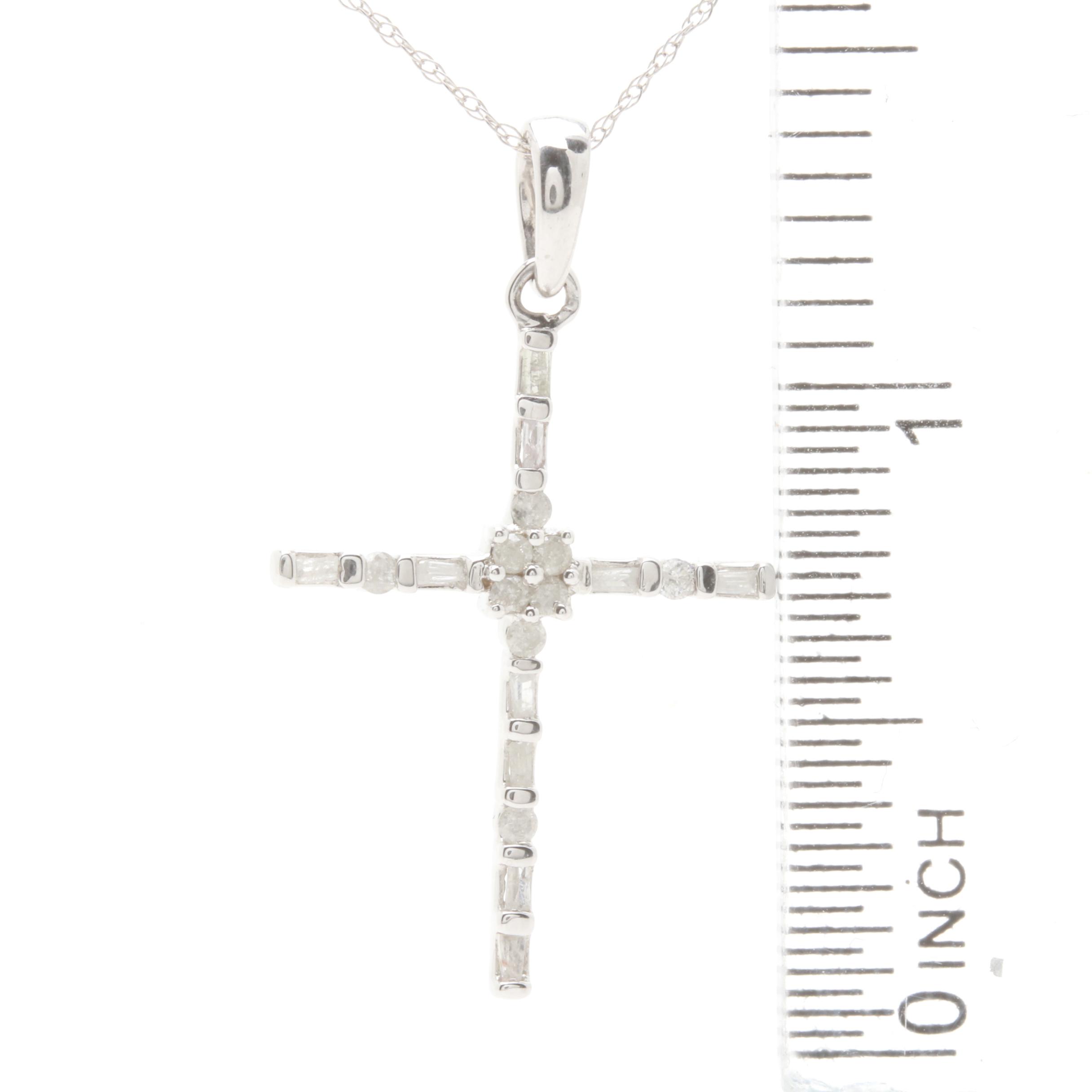 10K White Gold Diamond Cross Pendant on 14K Gold Chain Necklace
