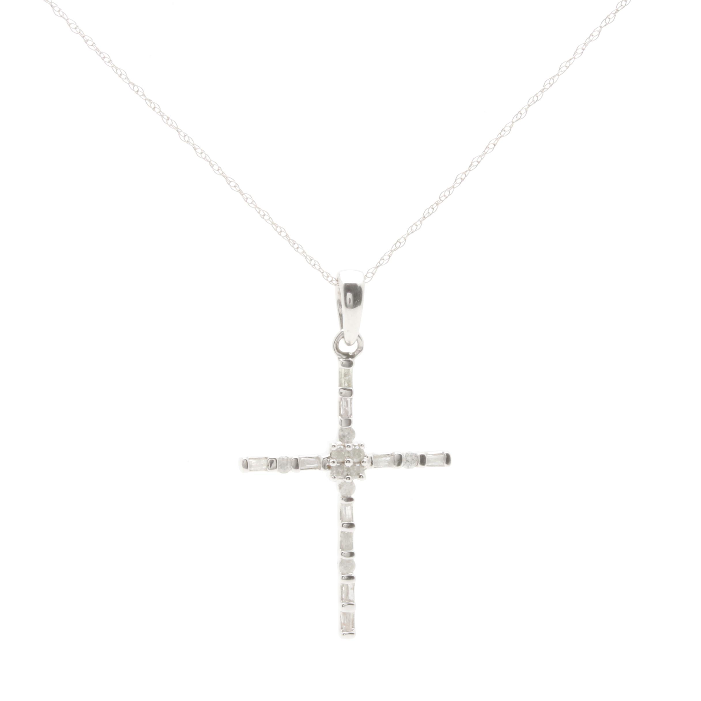 10K White Gold Diamond Cross Pendant on 14K Gold Chain Necklace
