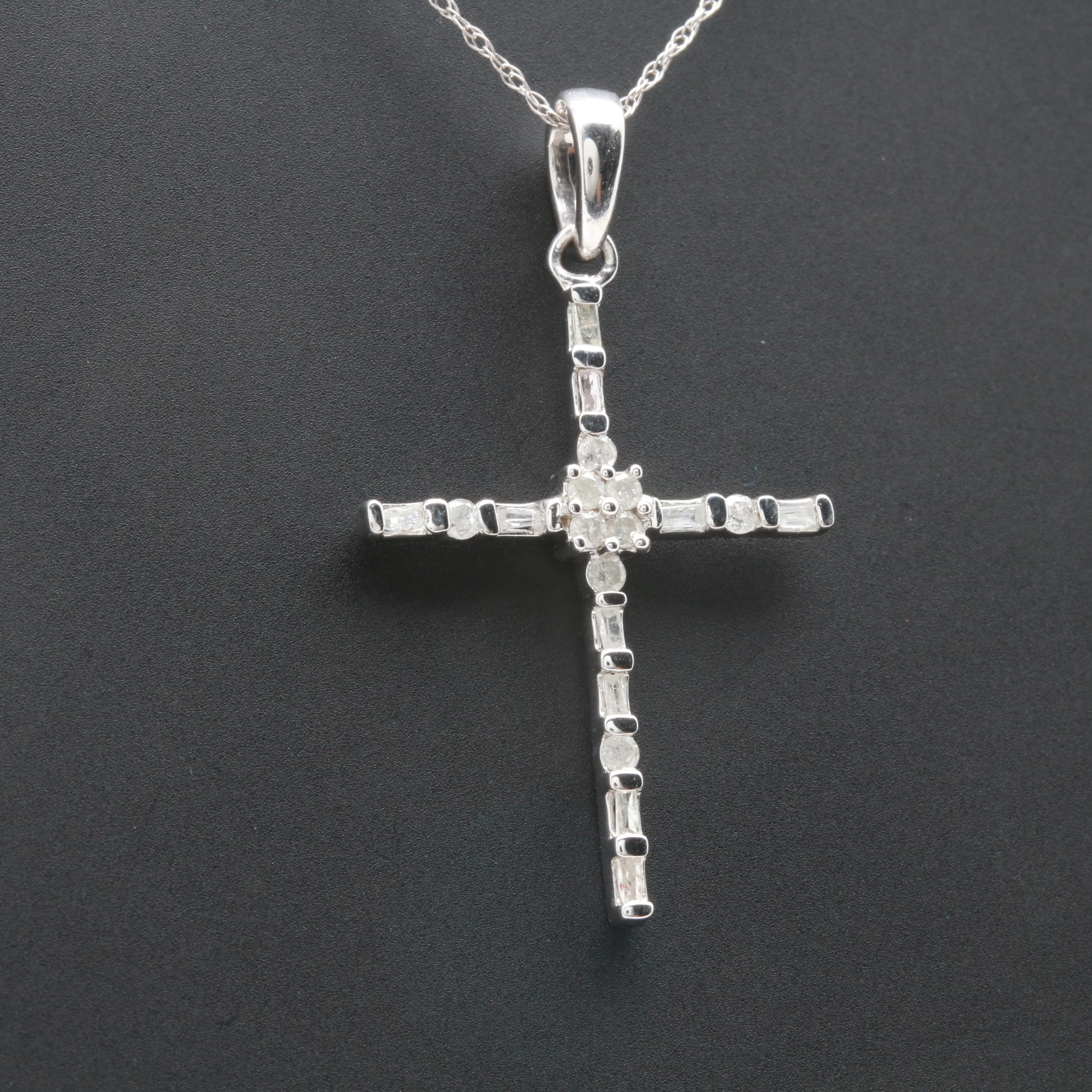 10K White Gold Diamond Cross Pendant on 14K Gold Chain Necklace