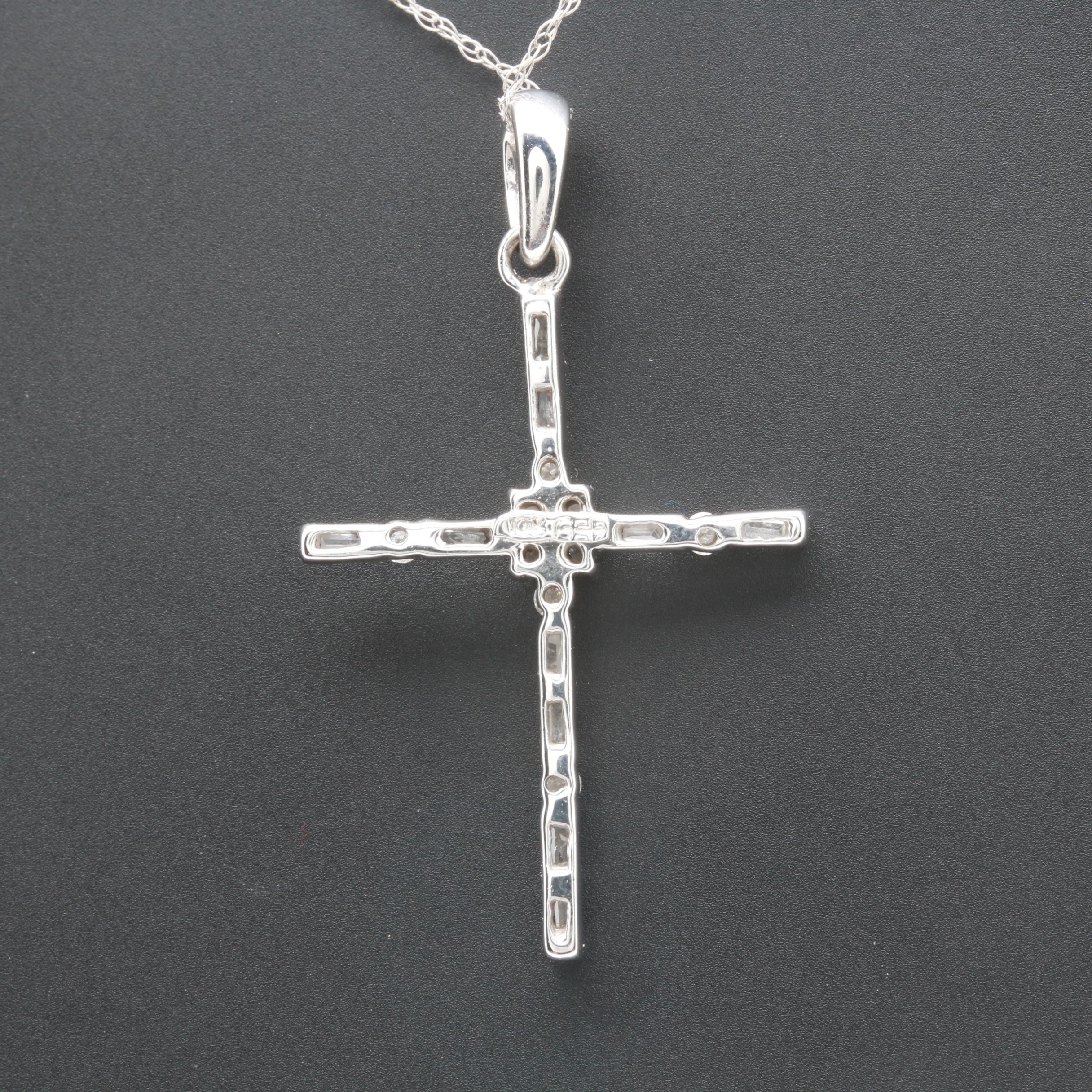 10K White Gold Diamond Cross Pendant on 14K Gold Chain Necklace