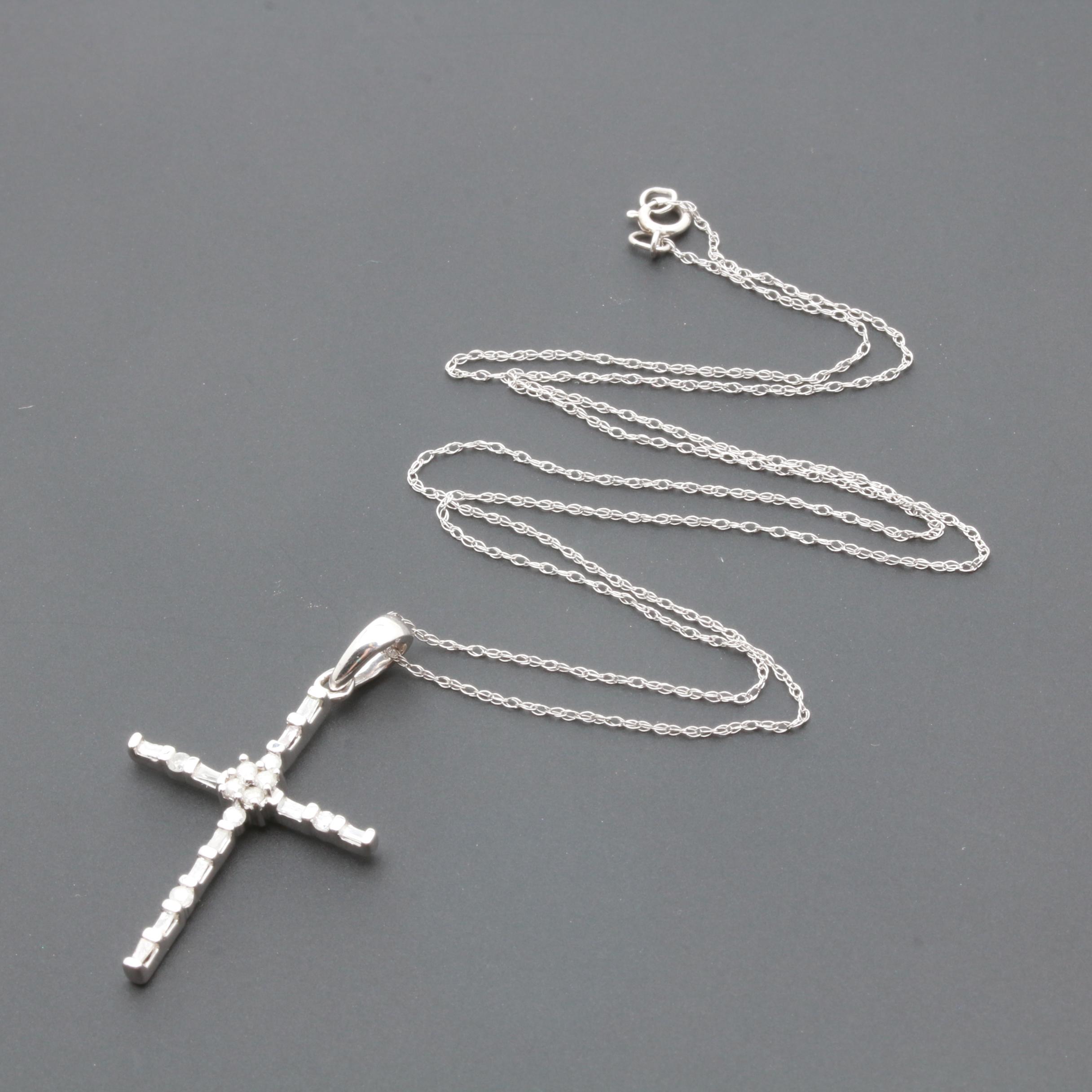 10K White Gold Diamond Cross Pendant on 14K Gold Chain Necklace
