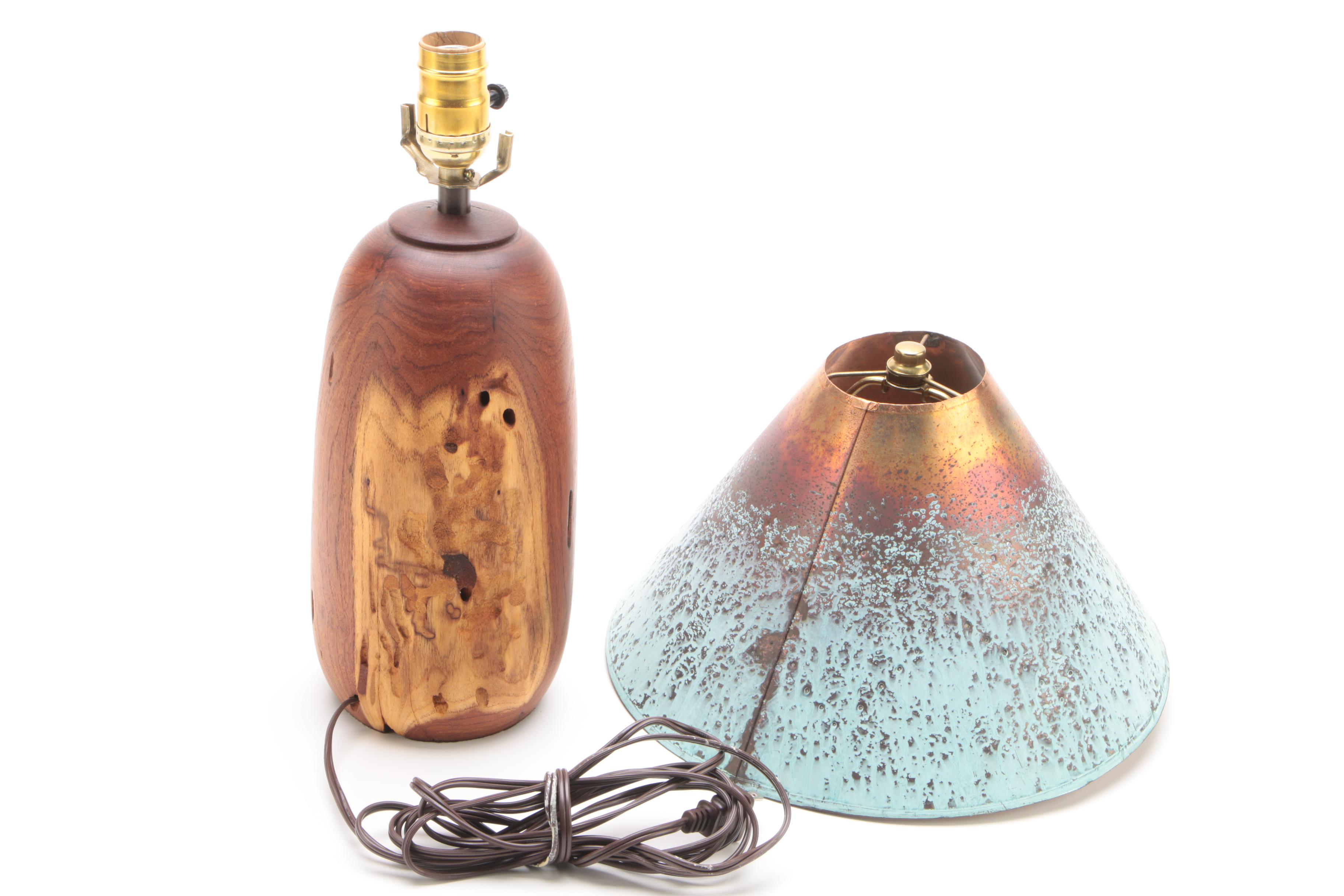 W Kohler Lamp & Shade Co. Acid Washed Copper Lampshade with Teakwood Base