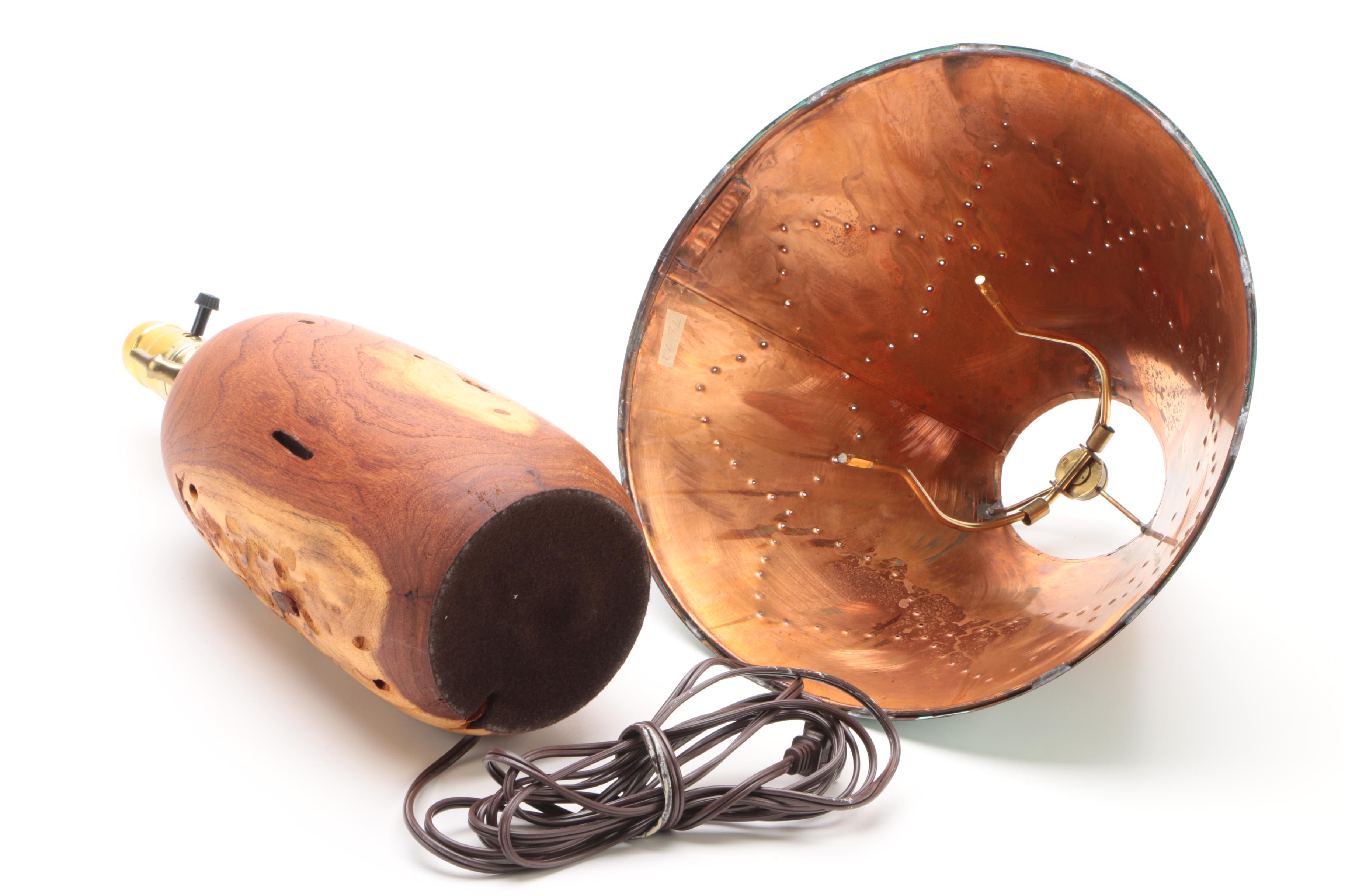 W Kohler Lamp & Shade Co. Acid Washed Copper Lampshade with Teakwood Base