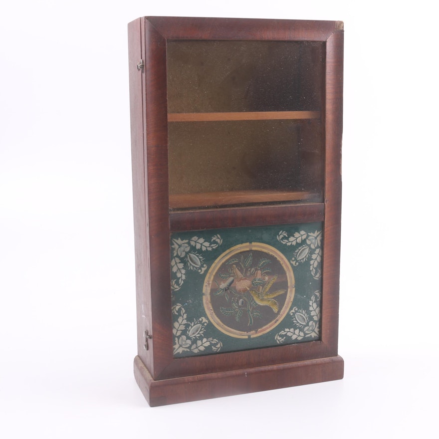 Antique Diminutive Clock Case Cabinet with Reverse Painted Panel