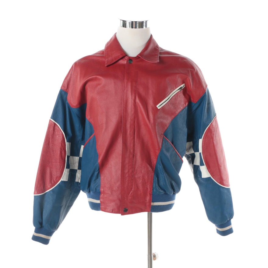 Men's 1990s Man Alive! Chill Out Red, White and Blue Leather Bomber Jacket