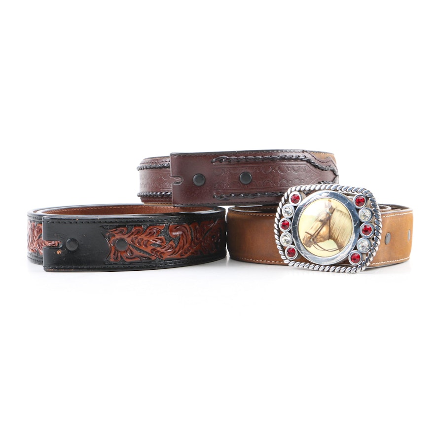 Western Style Leather and Hand Tooled Leather Belts with Embellished Buckle