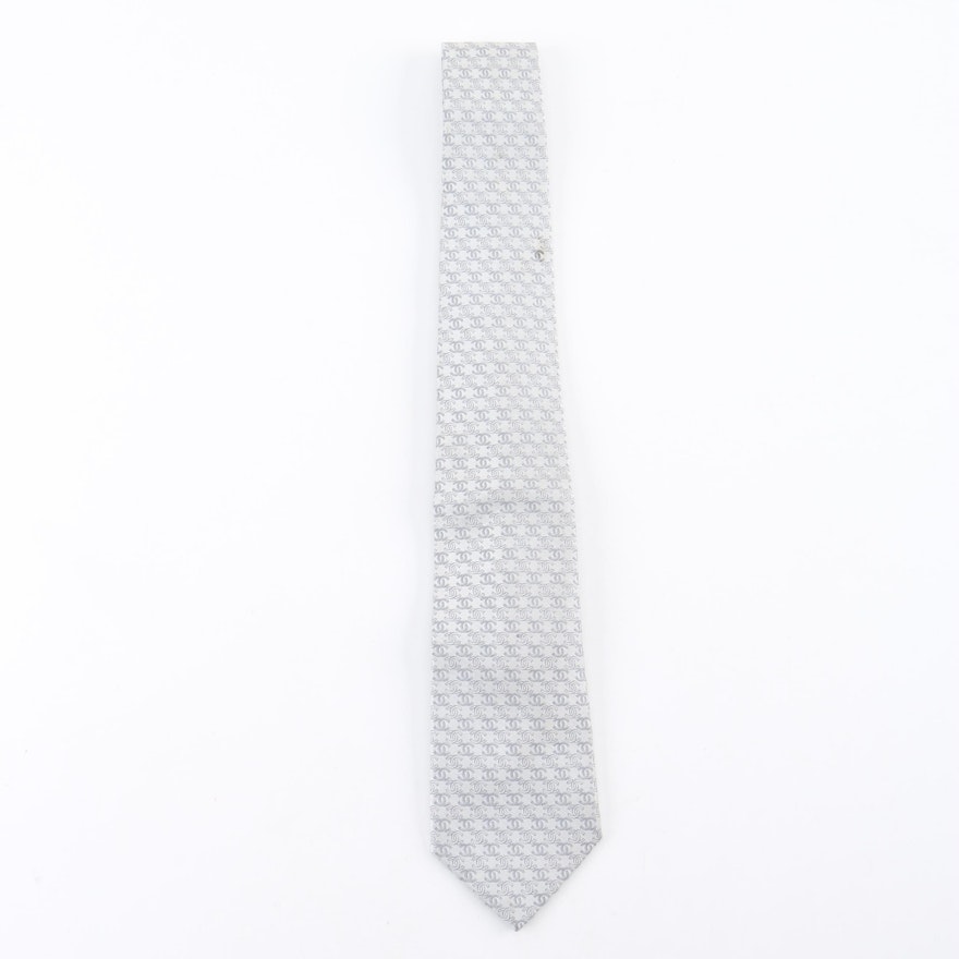 Chanel CC Logo Monogram Grey Silk Necktie