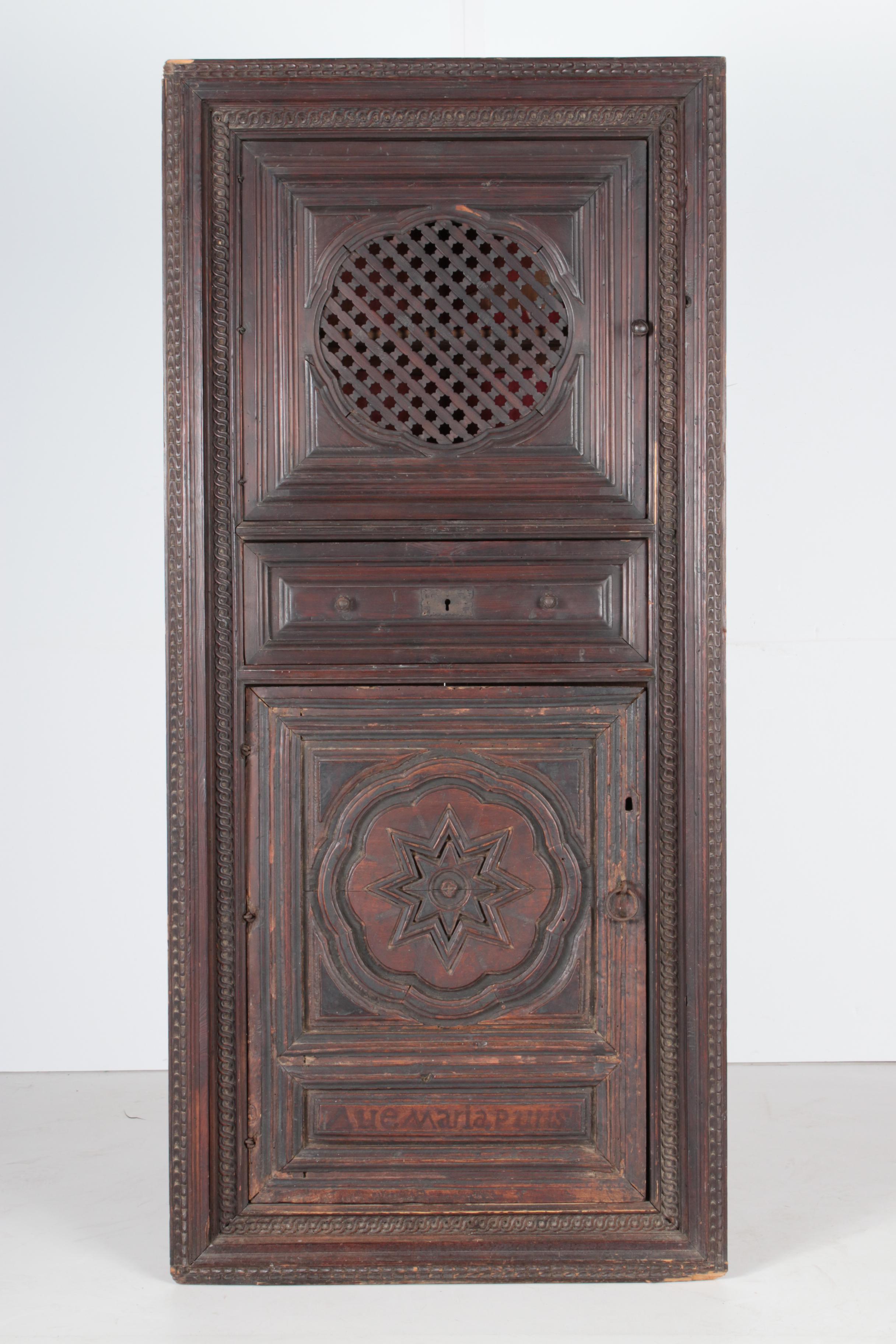 Spanish Colonial Style Pine Corner Cupboard with Antique Walnut Door Panel