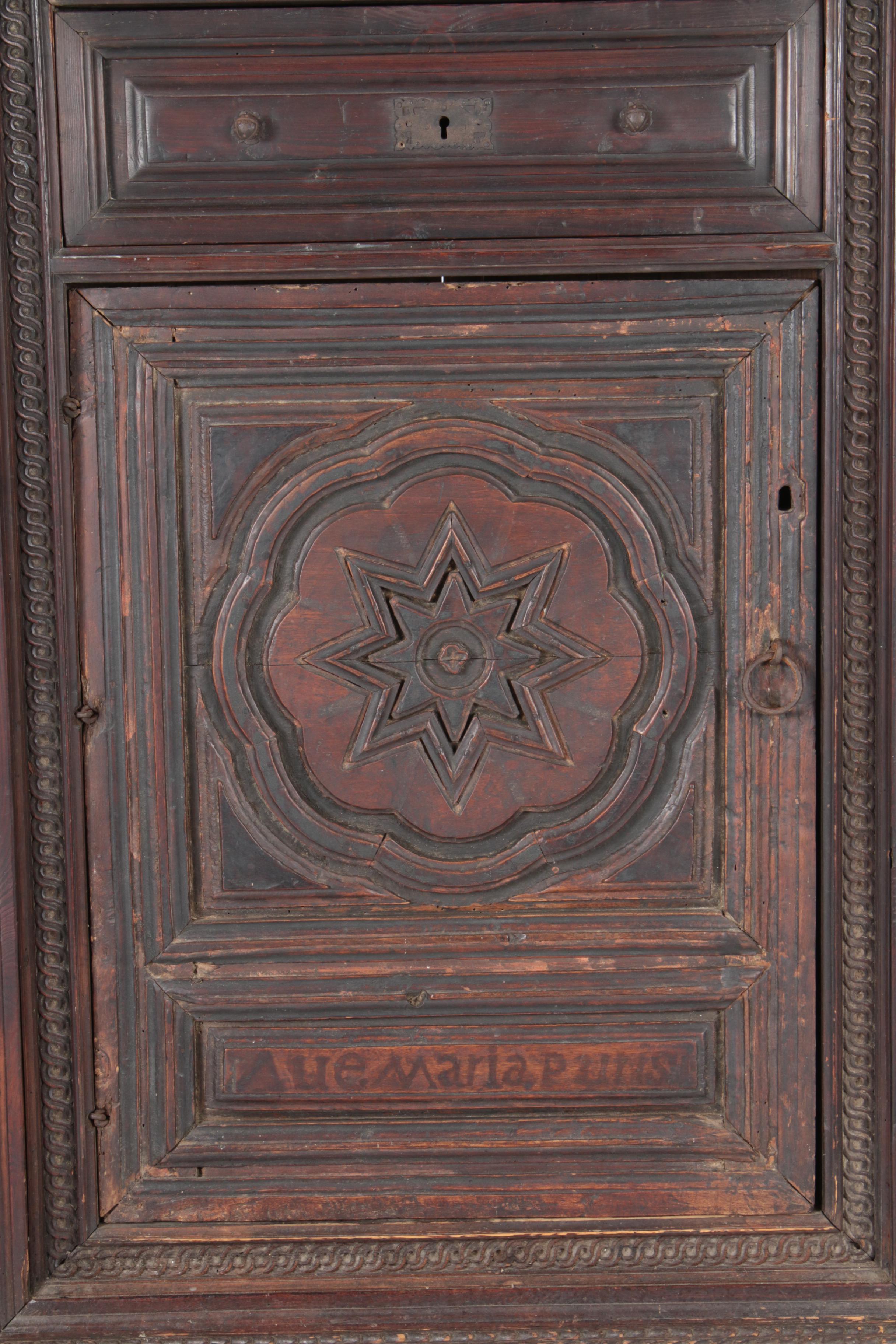 Spanish Colonial Style Pine Corner Cupboard with Antique Walnut Door Panel