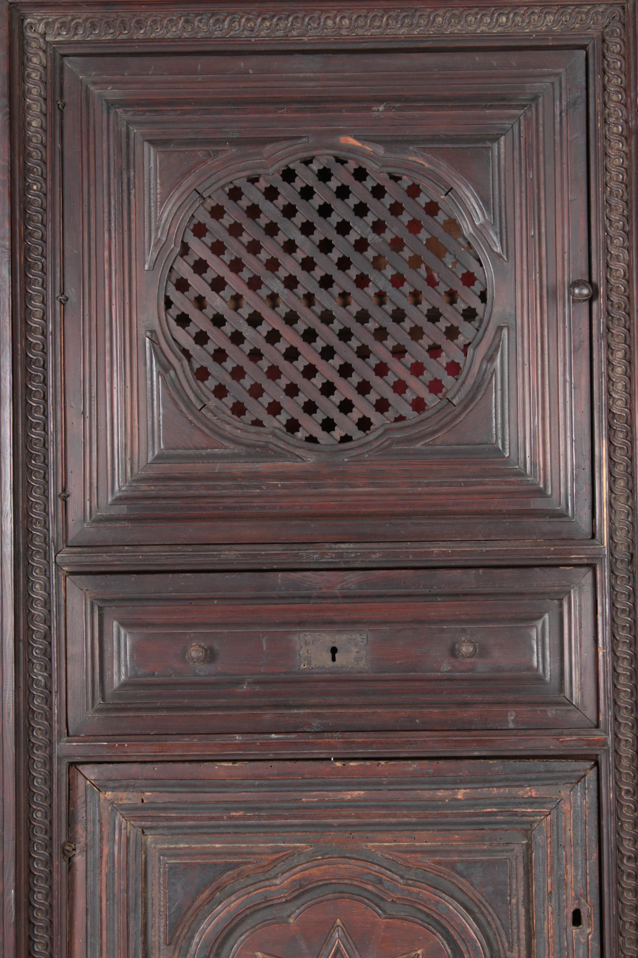 Spanish Colonial Style Pine Corner Cupboard with Antique Walnut Door Panel