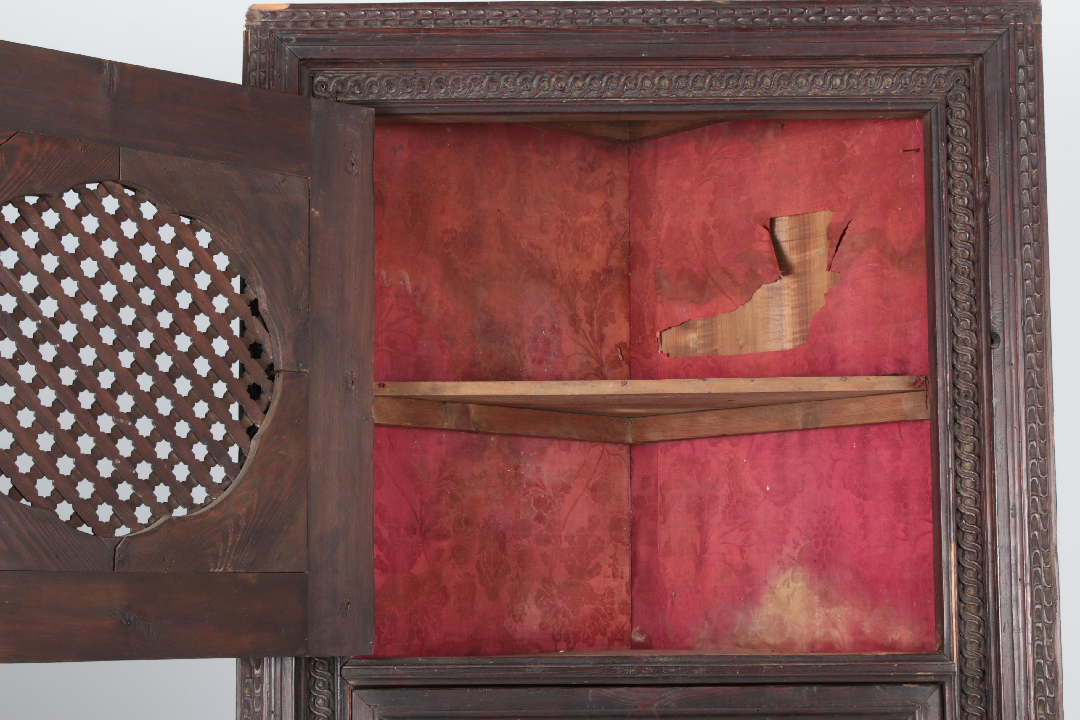 Spanish Colonial Style Pine Corner Cupboard with Antique Walnut Door Panel