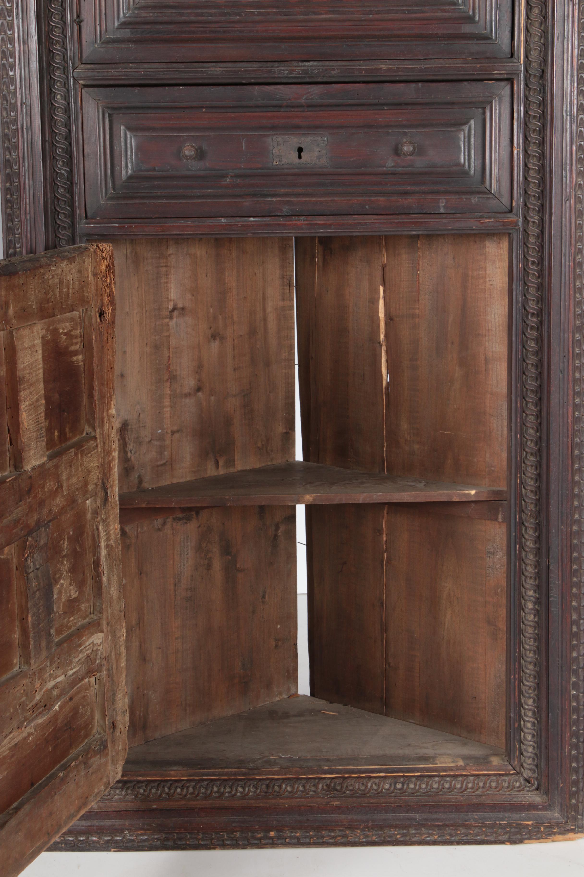 Spanish Colonial Style Pine Corner Cupboard with Antique Walnut Door Panel
