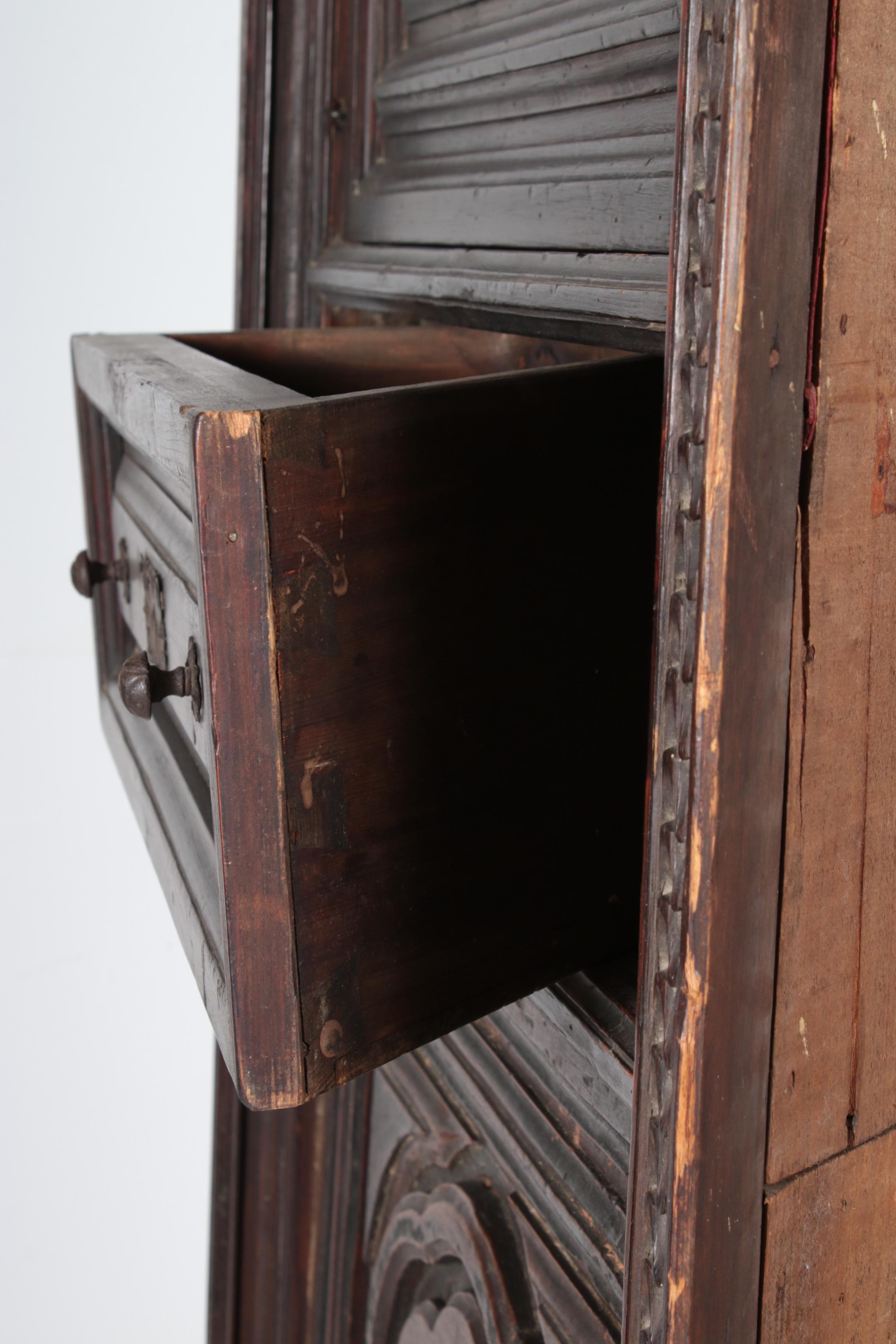 Spanish Colonial Style Pine Corner Cupboard with Antique Walnut Door Panel