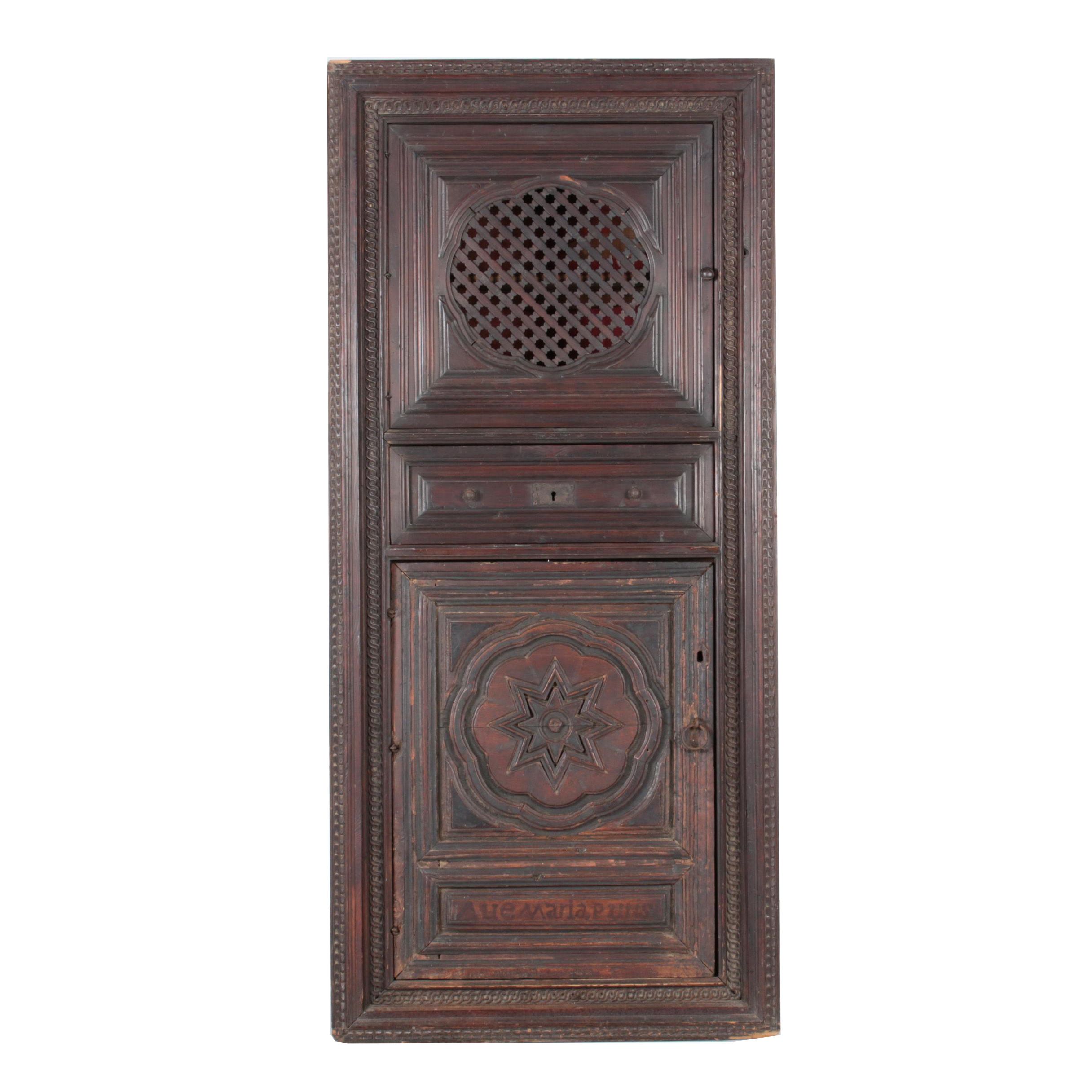 Spanish Colonial Style Pine Corner Cupboard with Antique Walnut Door Panel