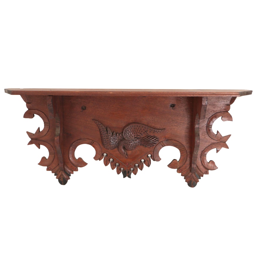 Antique Walnut Eagle-Carved Wall Shelf with Polychromed Accents