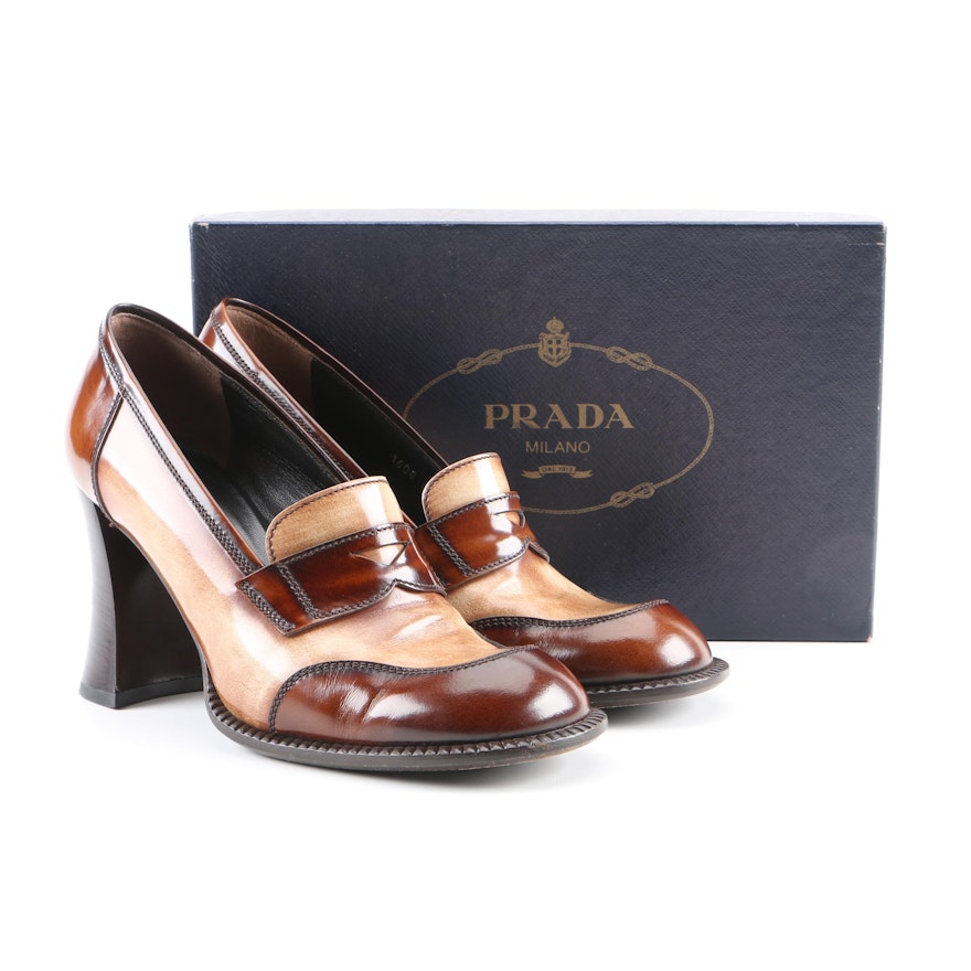 Women's Prada Brown and Tan Leather High-Heeled Loafers