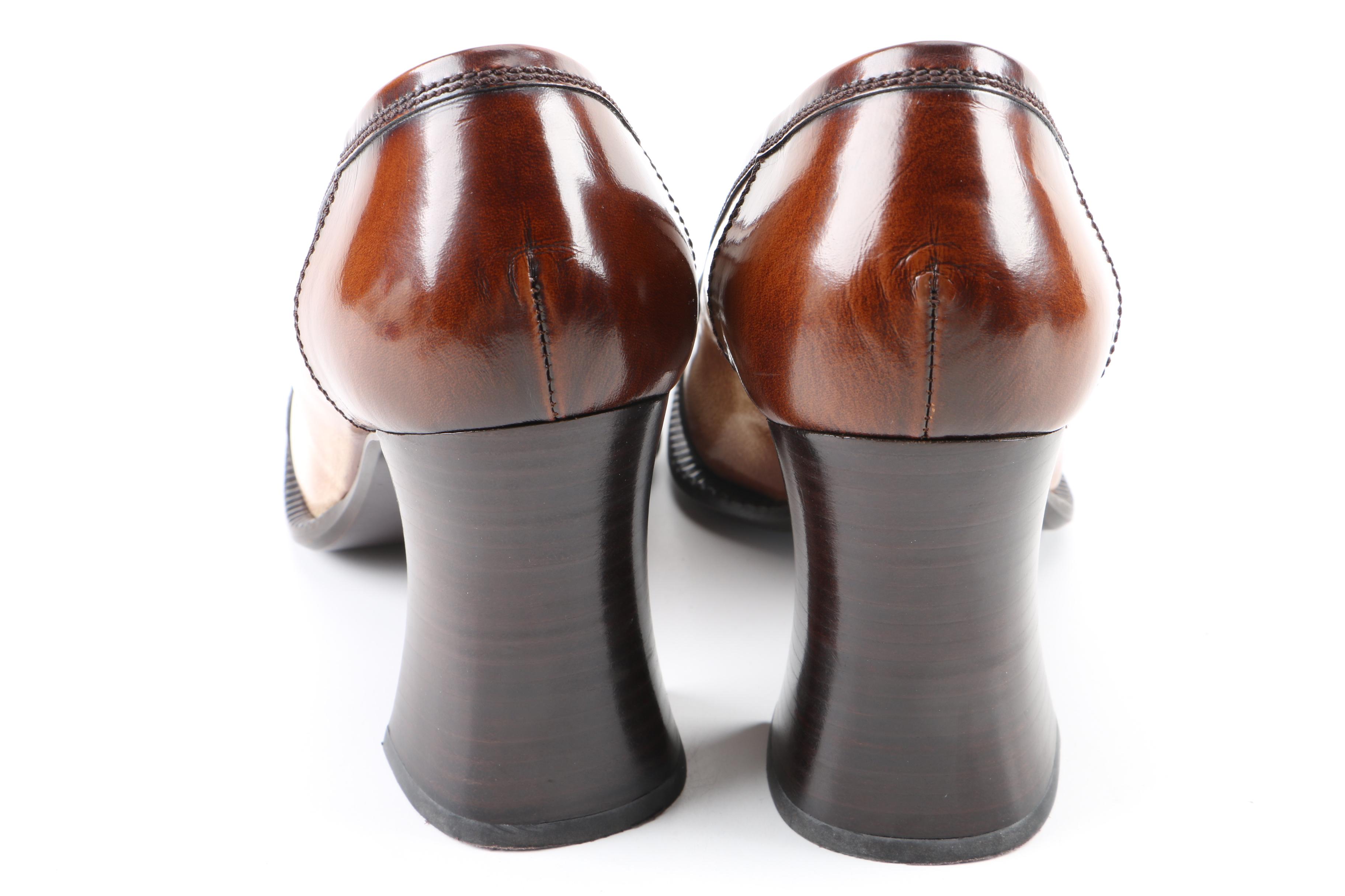 Women's Prada Brown and Tan Leather High-Heeled Loafers