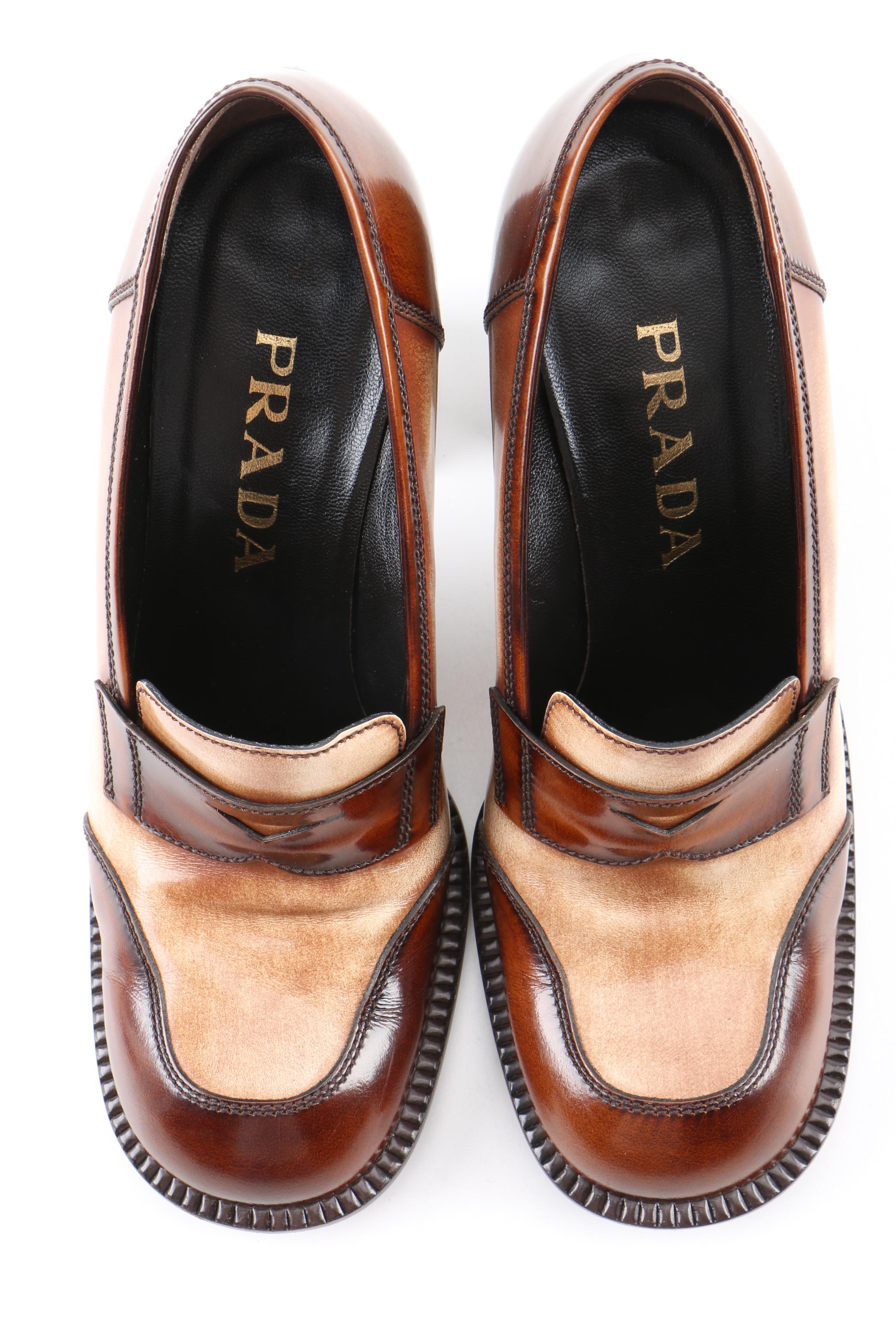 Women's Prada Brown and Tan Leather High-Heeled Loafers