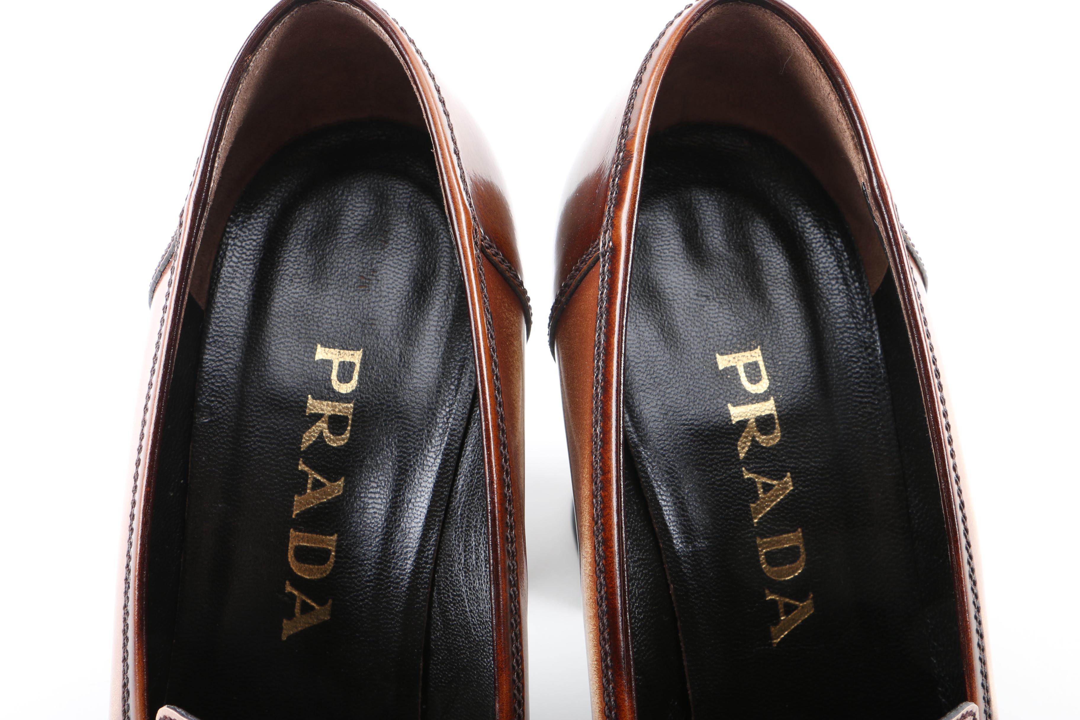 Women's Prada Brown and Tan Leather High-Heeled Loafers