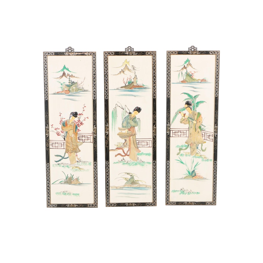 Chinese Decorative Panels with Hand Tinted Carved Soapstone Relief