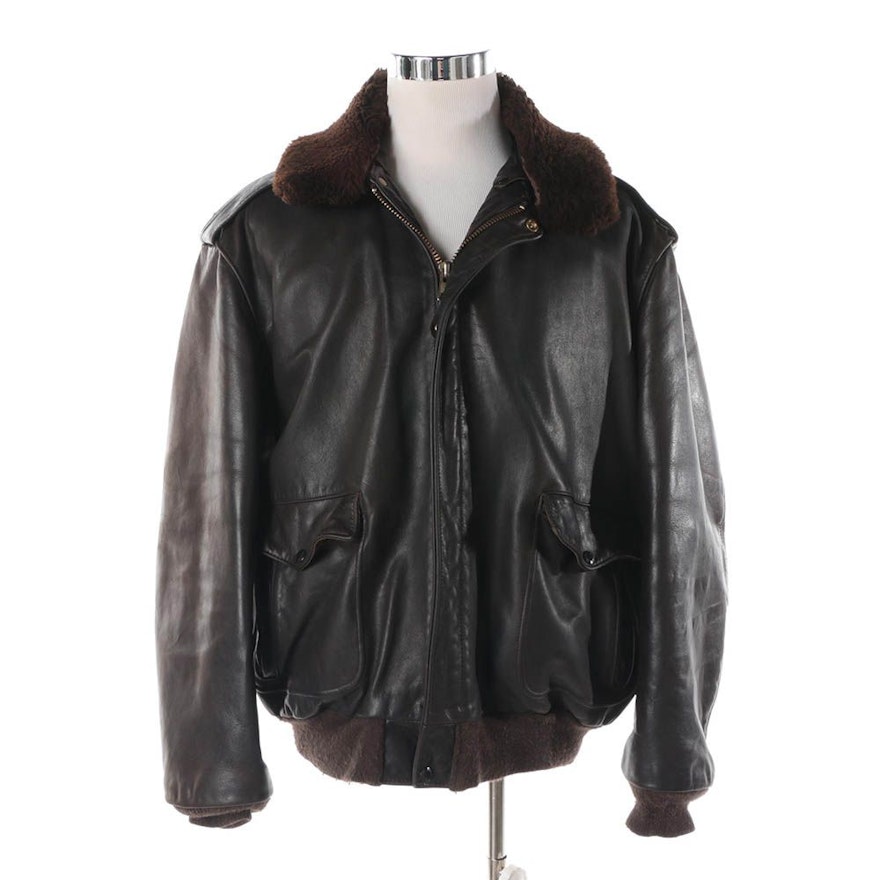 Men's Vintage Schott Brown Leather Bomber Jacket with Faux Fur Collar