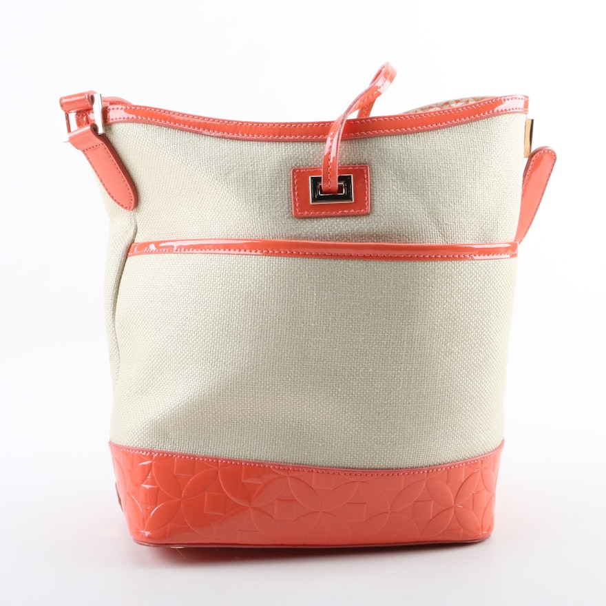 Spartina 449 Beige Canvas and Orange Patent Leather Bucket Bag