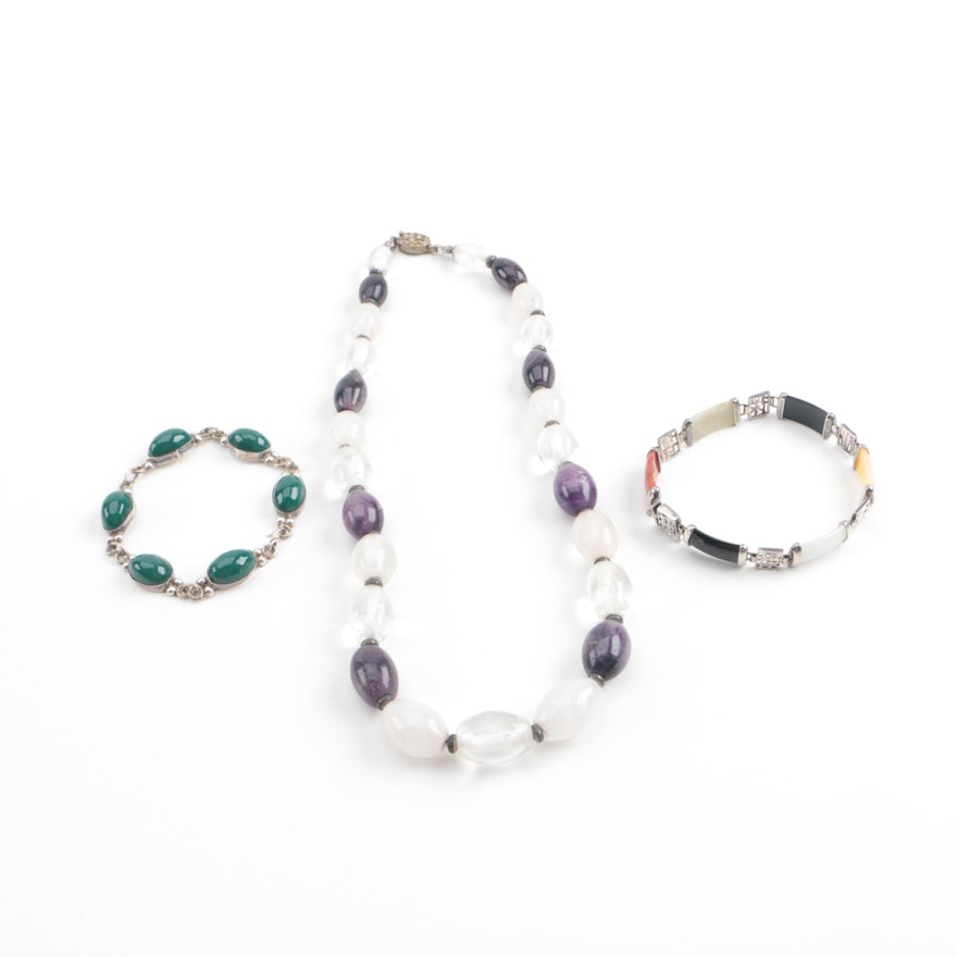 Sterling Silver Jadeite, Chalcedony, and Amethyst Jewelry Selection
