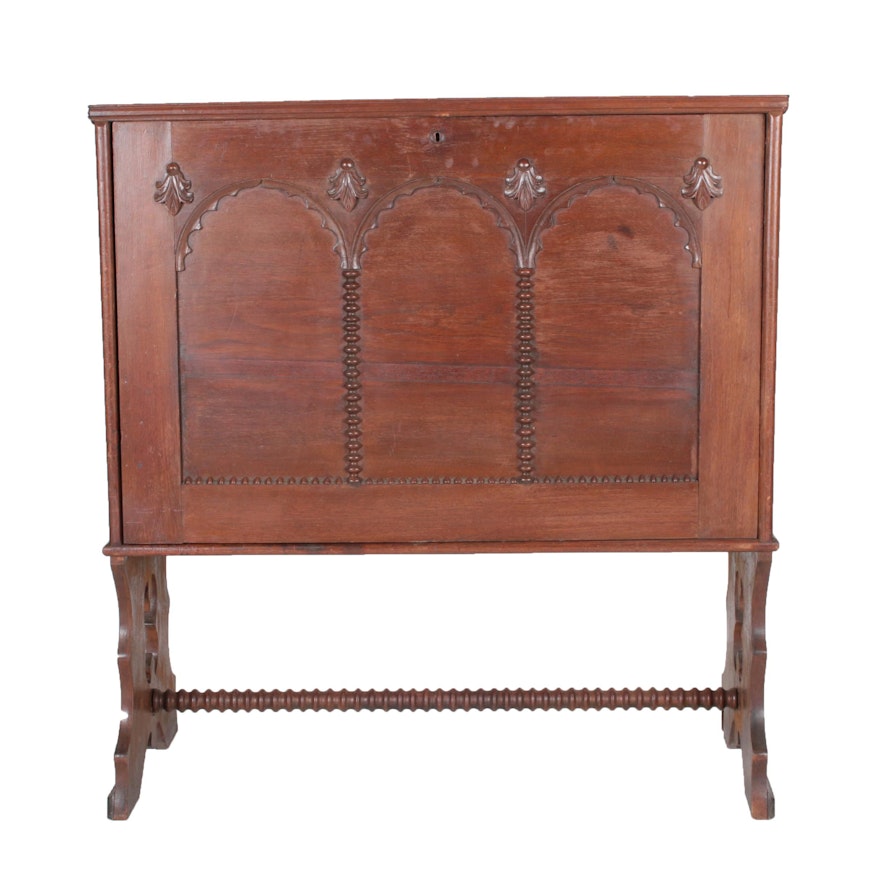 Early 20th Century Gothic Revival Walnut Drop-Front Chest-on-Stand