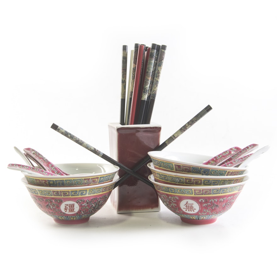 Chinese Ceramic Bowls, Spoons, and an Assortment of Chopsticks