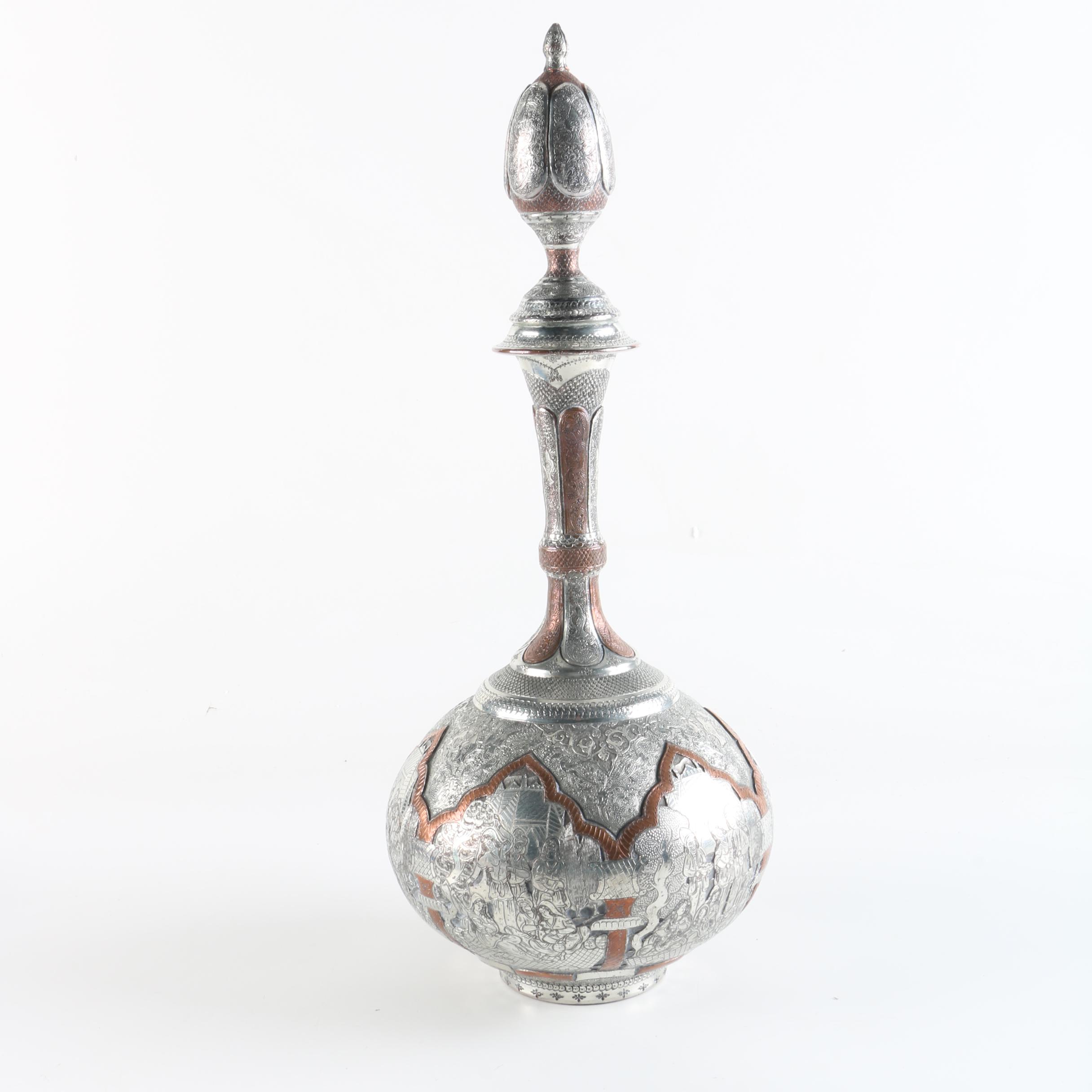 Persian Style Silver and Copper-Tone Stoppered Bottle