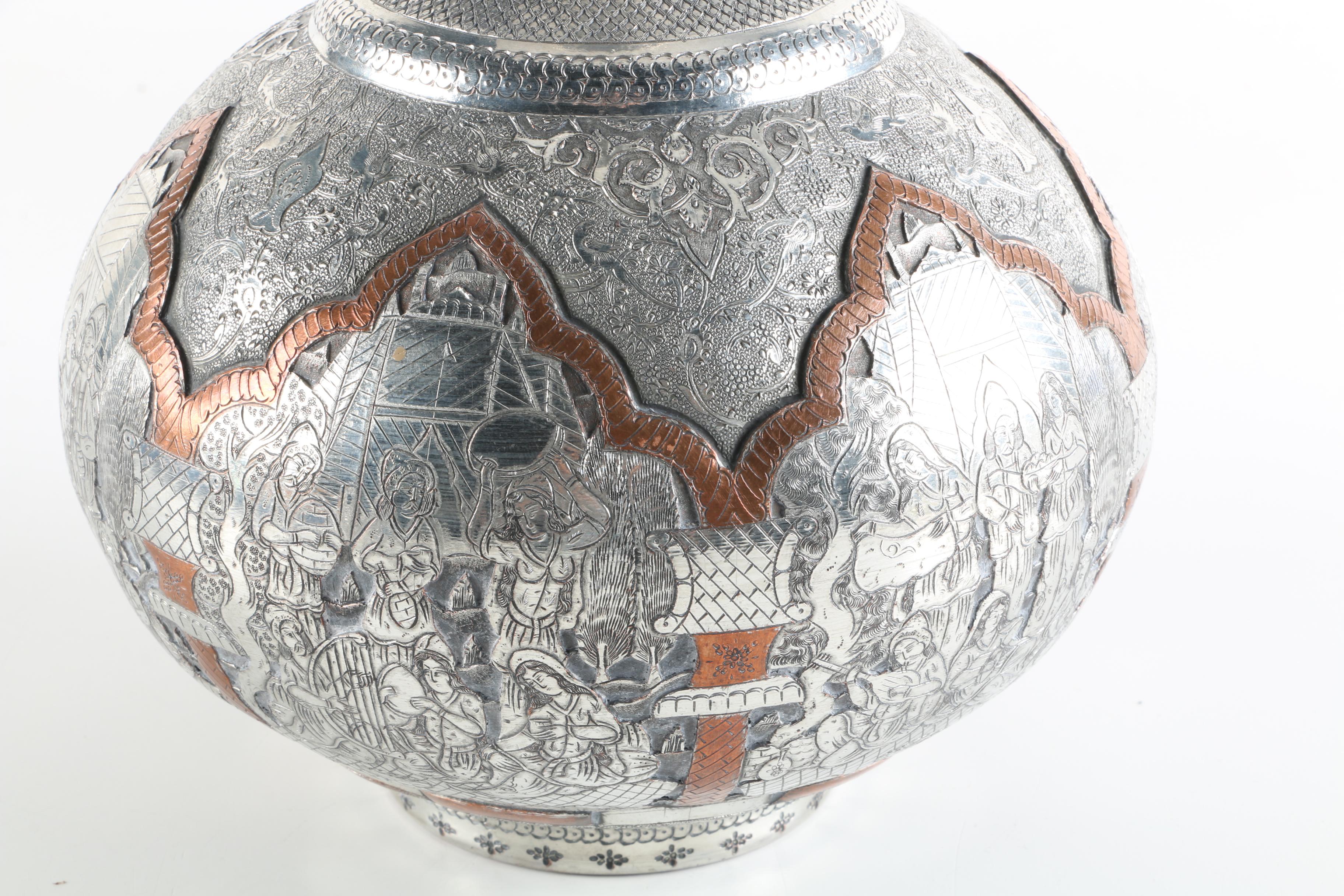 Persian Style Silver and Copper-Tone Stoppered Bottle